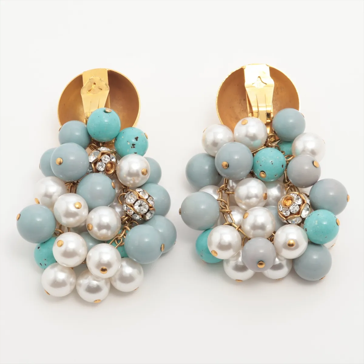 earrings (for both ears), resin x rhinestone x faux pearl, blue. Shows wear, — view 2