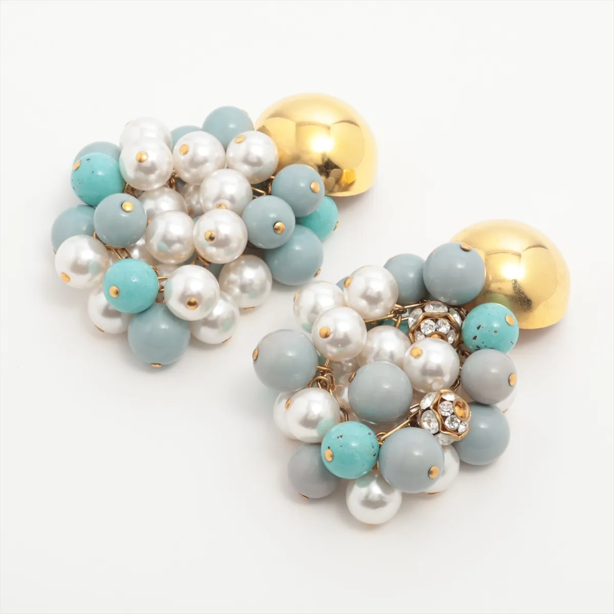 earrings (for both ears), resin x rhinestone x faux pearl, blue. Shows wear, — view 3