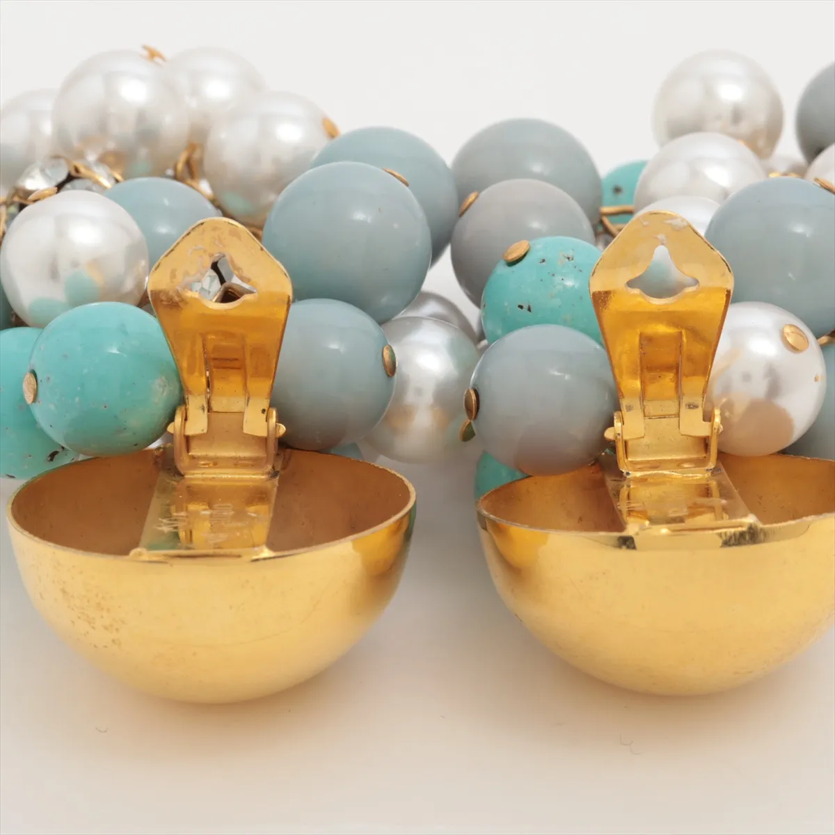 earrings (for both ears), resin x rhinestone x faux pearl, blue. Shows wear, — view 4