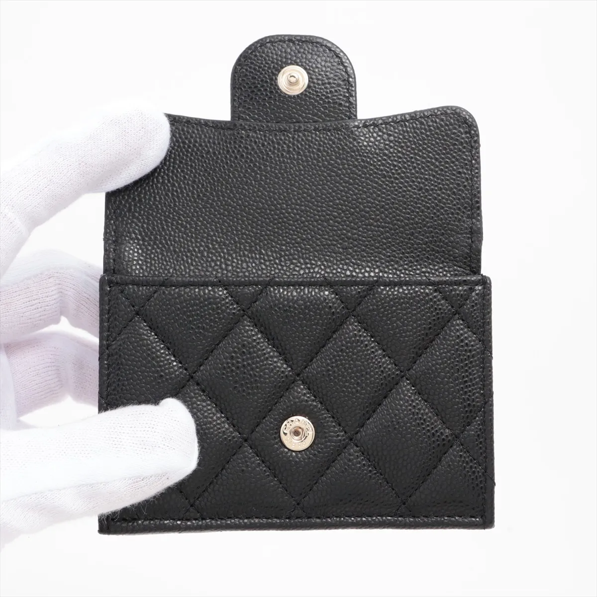 Matelasse Caviar Skin Compact Wallet Black Gold Hardware NEP67E49 — view 3