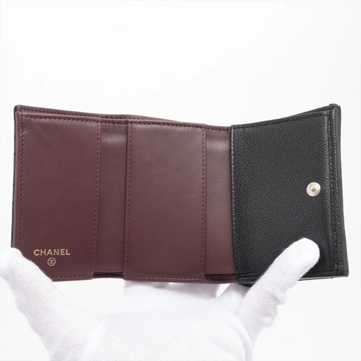Matelasse Caviar Skin Compact Wallet Black Gold Hardware NEP67E49 — view 5