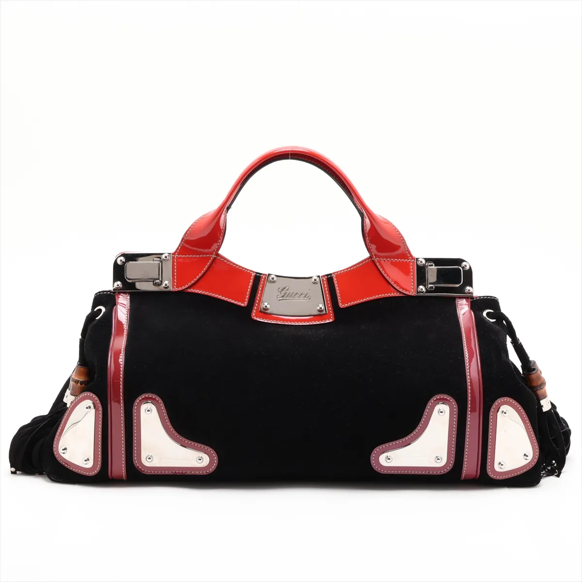 Suede x Patent Leather Handbag, Black x Red, 177091