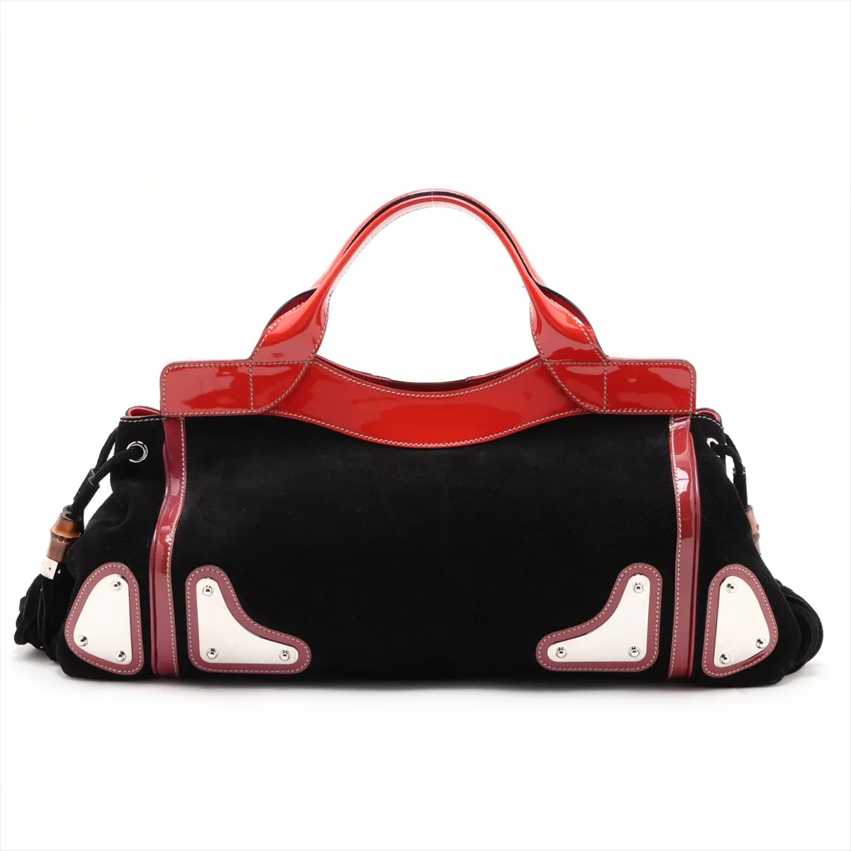 Suede x Patent Leather Handbag, Black x Red, 177091 — view 2