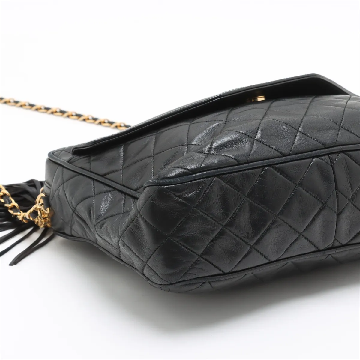 Matelasse Lambskin Chain Shoulder Bag Fringe Black Gold Hardware — view 4