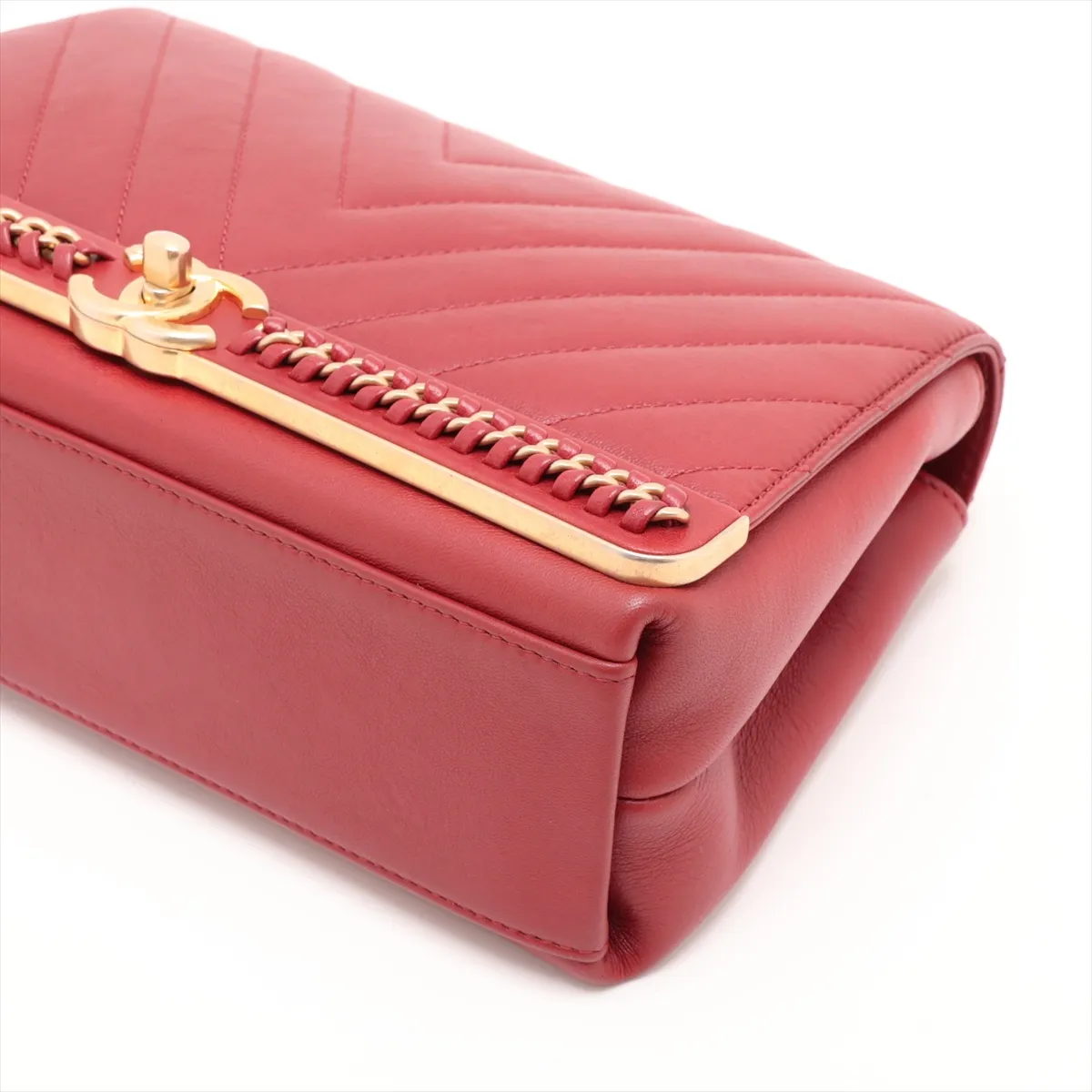 Chevron Lambskin 2-Way Handbag, Red with Gold Hardware, 24408546, Serial Number 24 — view 3