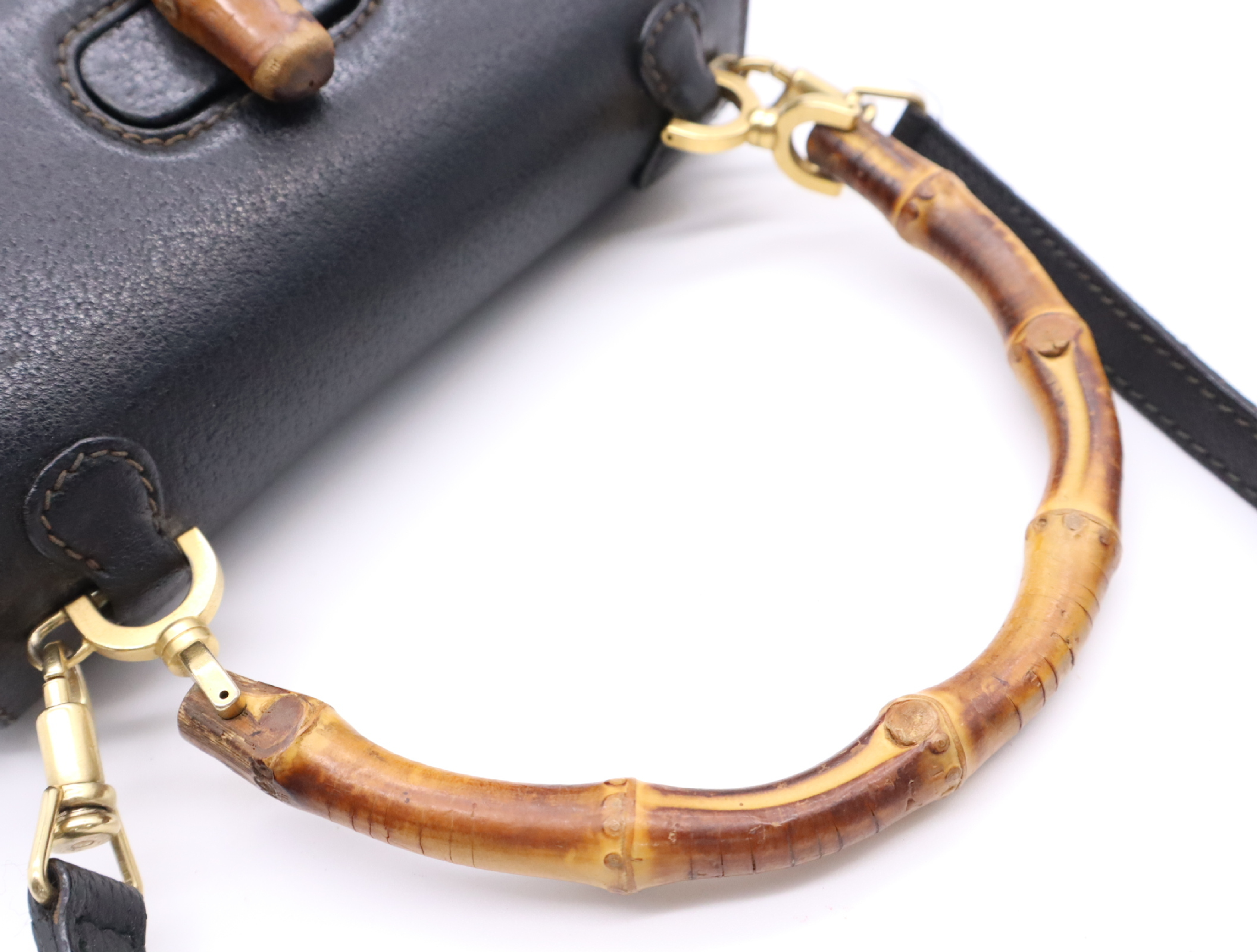 000 2046 0188 Leather Bamboo 2-way Handbag, Black, Gold Hardware, with Shoulder Strap — view 11