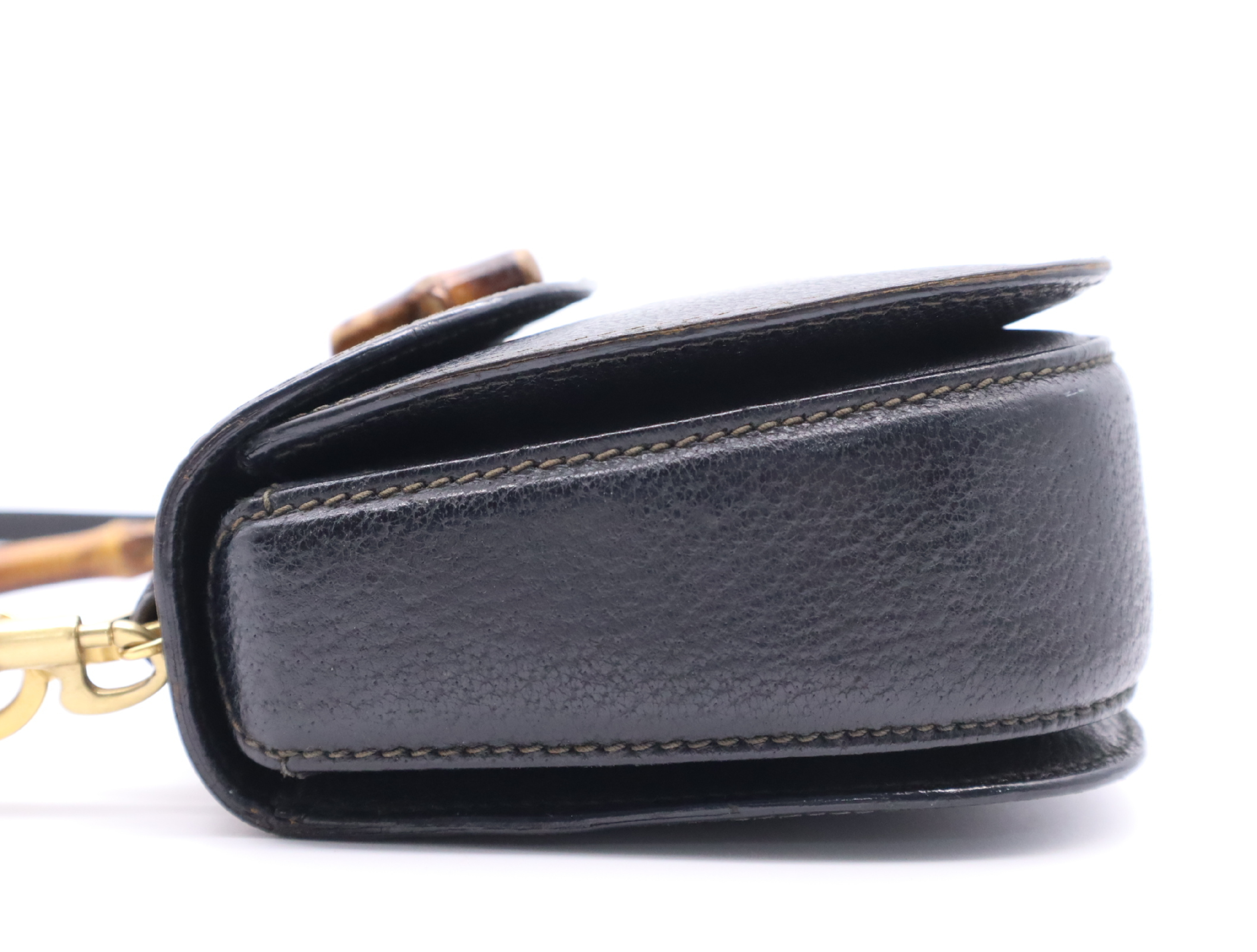 000 2046 0188 Leather Bamboo 2-way Handbag, Black, Gold Hardware, with Shoulder Strap — view 3