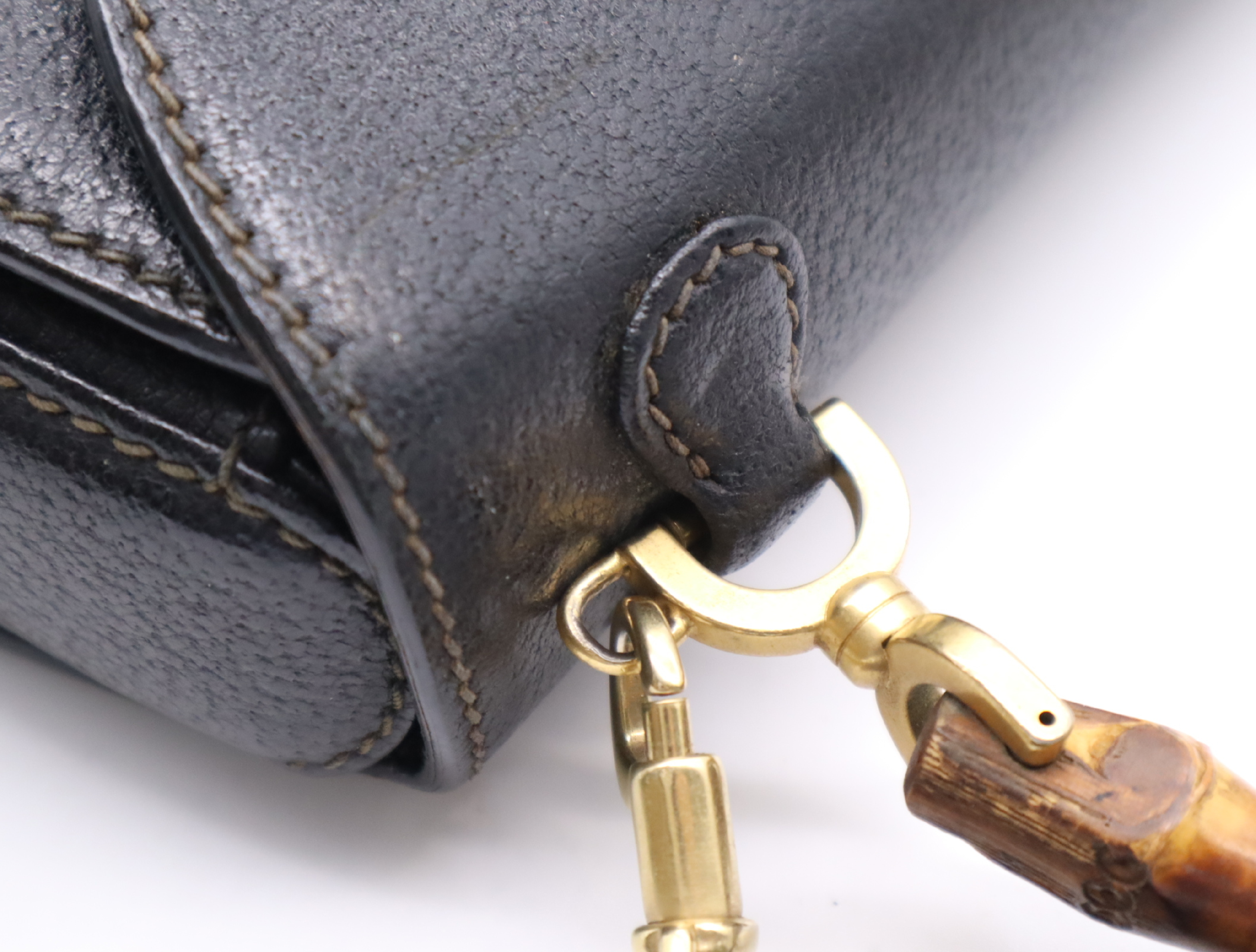 000 2046 0188 Leather Bamboo 2-way Handbag, Black, Gold Hardware, with Shoulder Strap — view 8