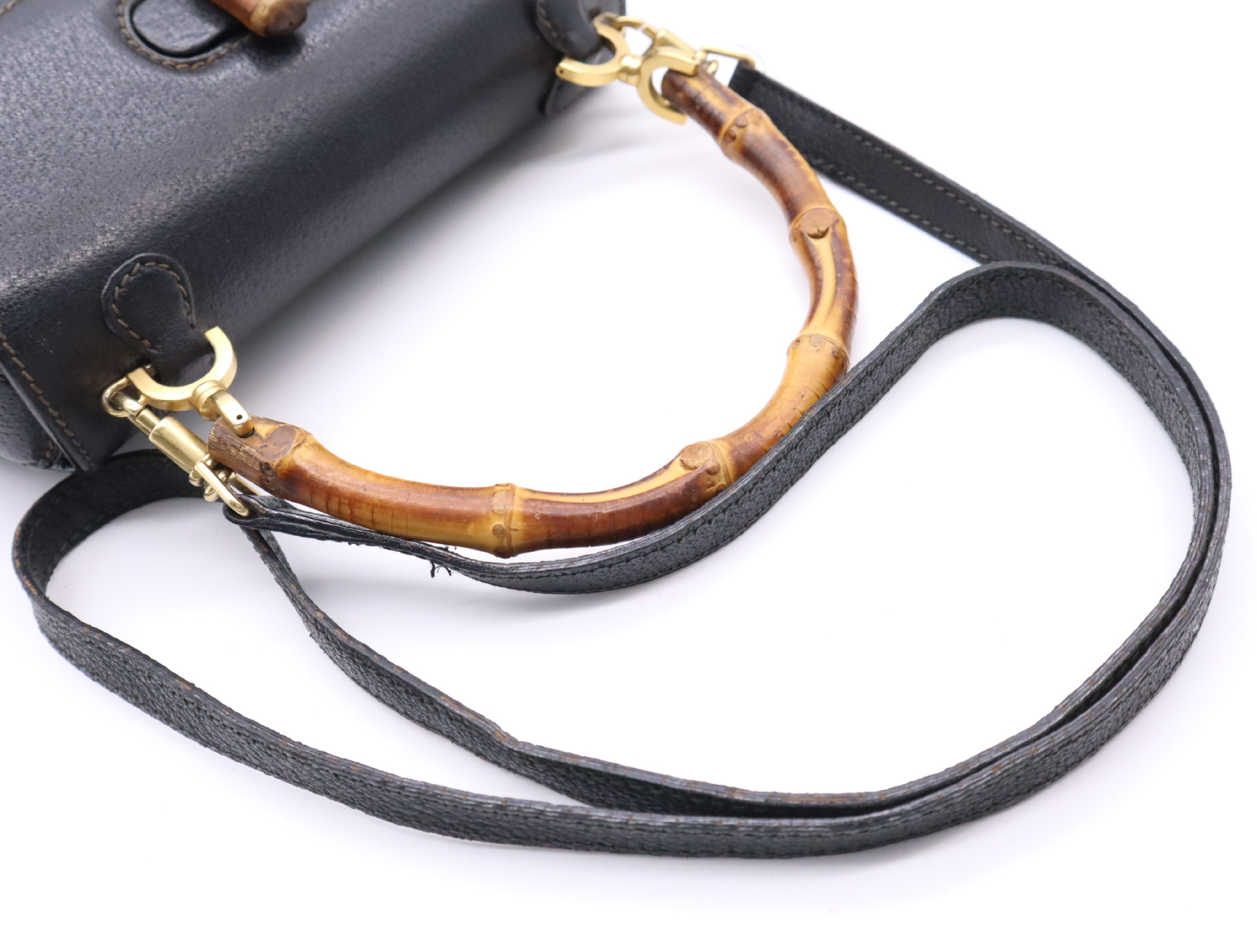 000 2046 0188 Leather Bamboo 2-way Handbag, Black, Gold Hardware, with Shoulder Strap — view 10