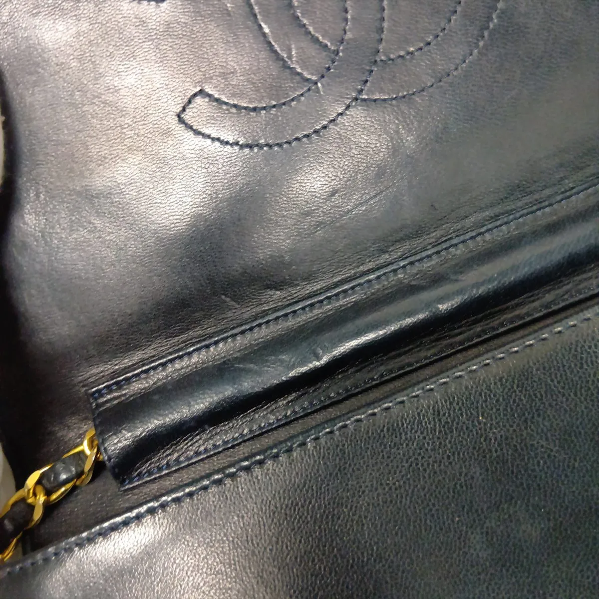 Matelassé Lambskin Chain Shoulder Bag, Push-Lock, Navy, Gold Hardware — view 12