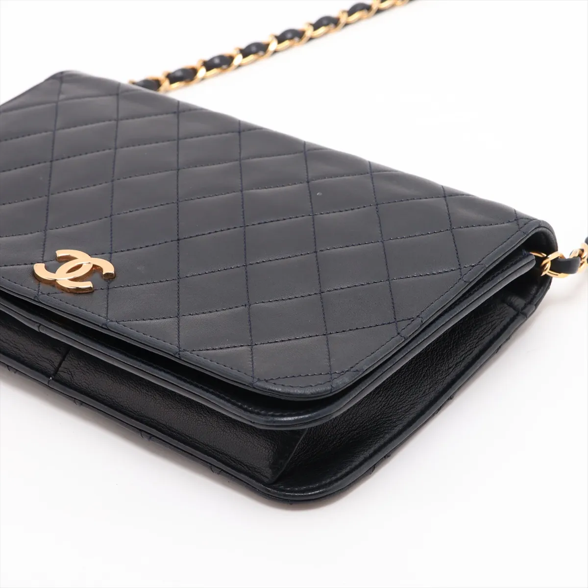 Matelassé Lambskin Chain Shoulder Bag, Push-Lock, Navy, Gold Hardware — view 3