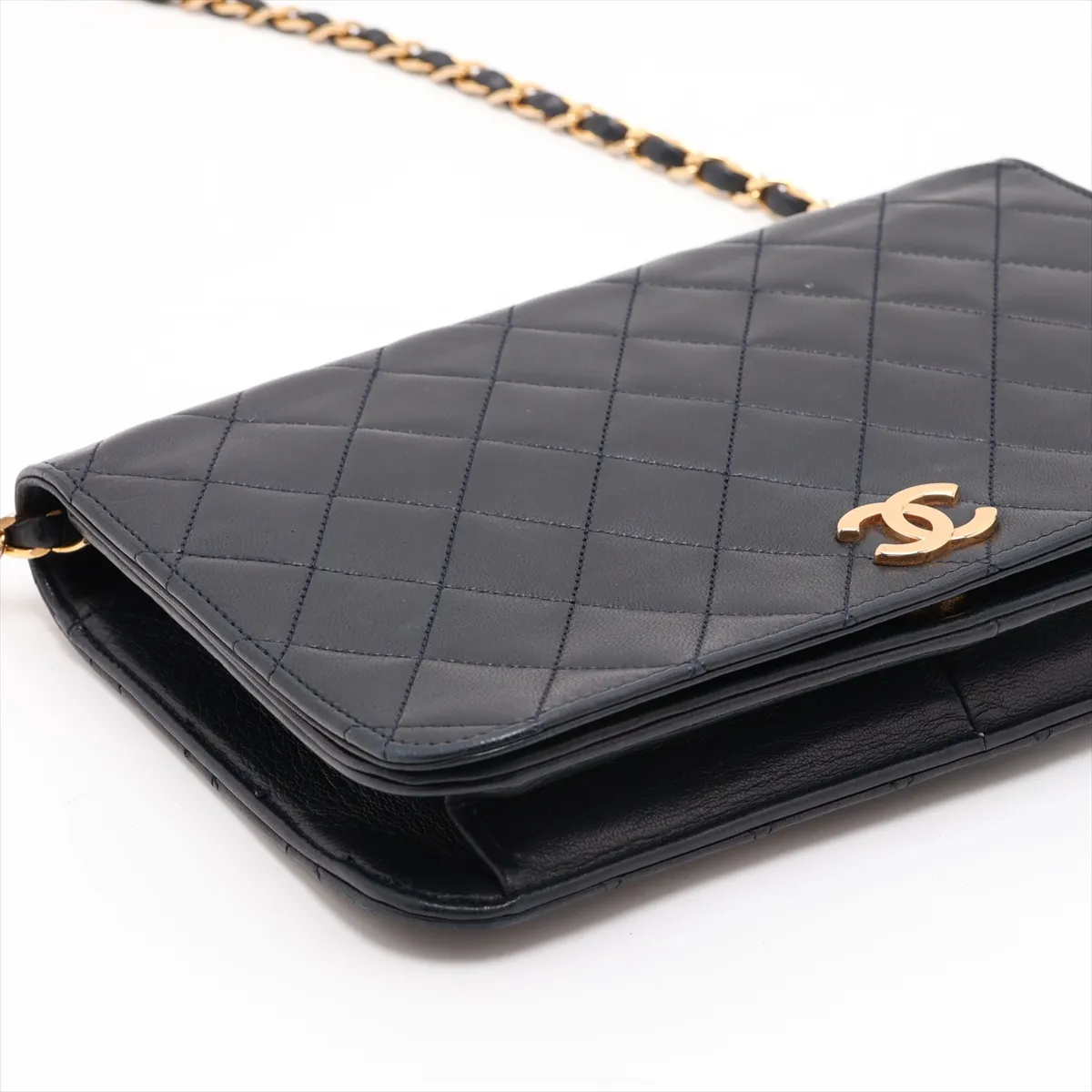 Matelassé Lambskin Chain Shoulder Bag, Push-Lock, Navy, Gold Hardware — view 4