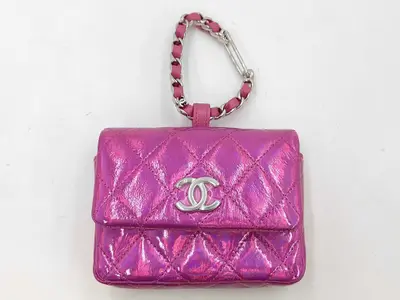 Matelassé Patent Leather Pouch, Pink, Silver Hardware