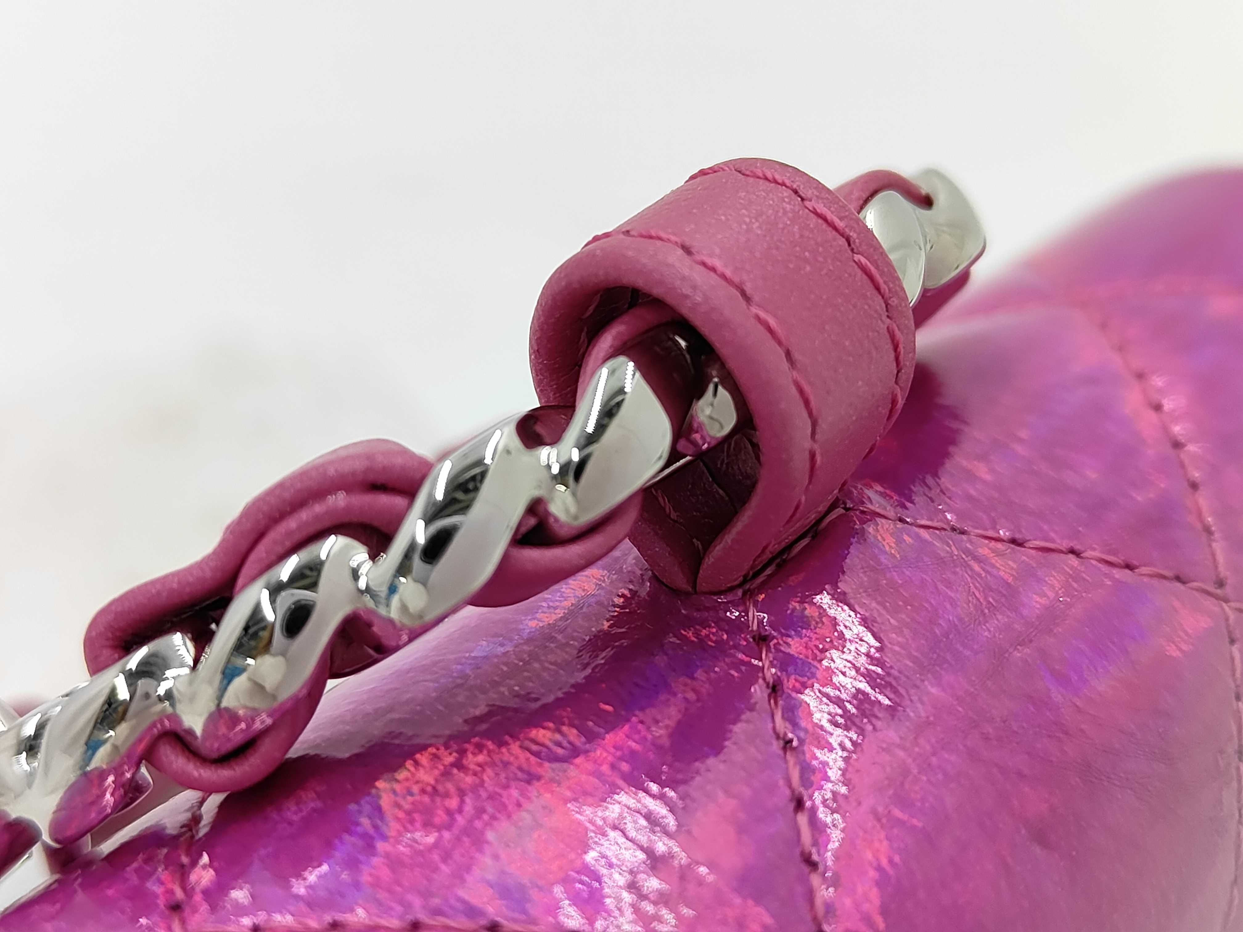 Matelassé Patent Leather Pouch, Pink, Silver Hardware — view 3