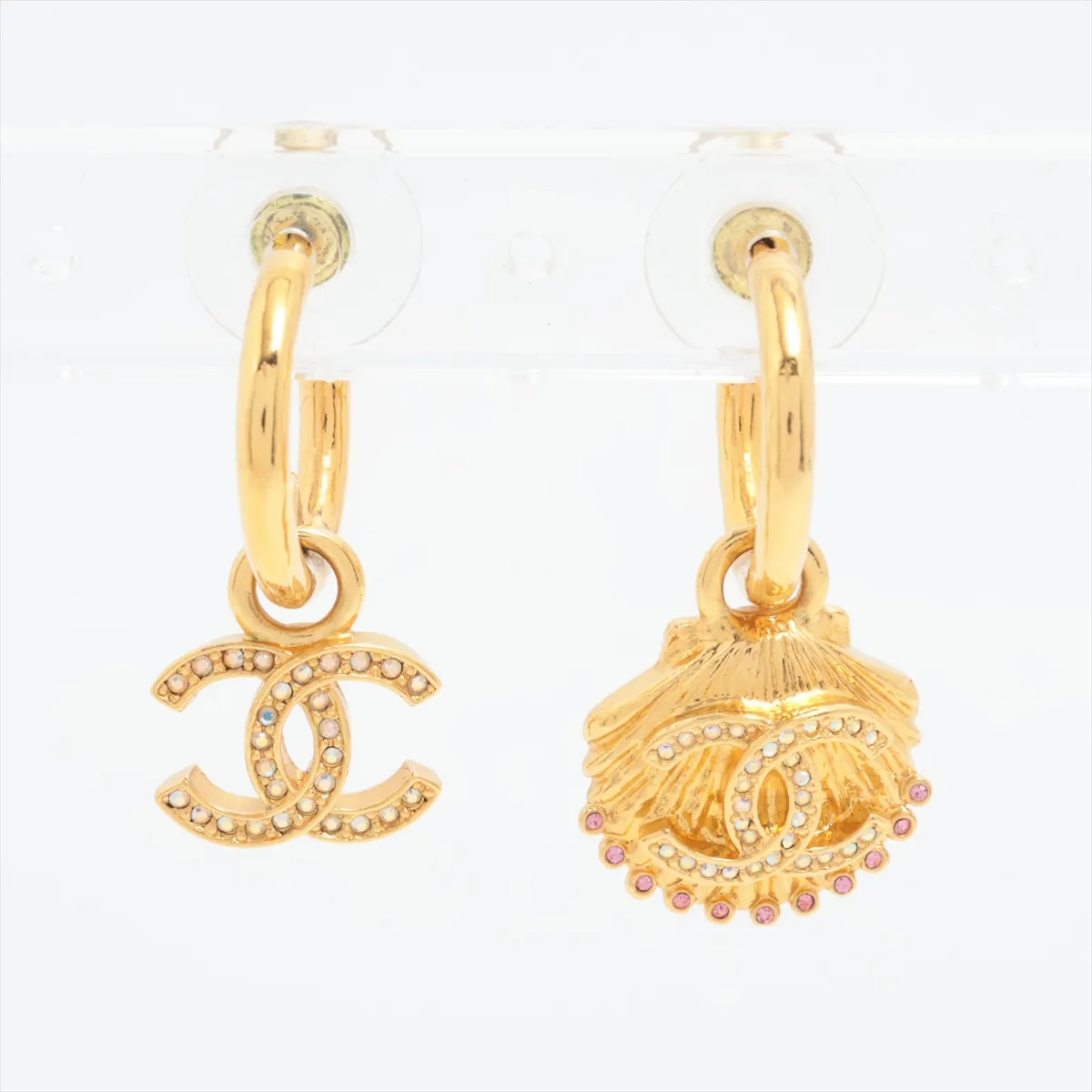 Coco Mark A23C Earrings (Pair) GP x Rhinestone Gold. Shows signs of wear, — view 2