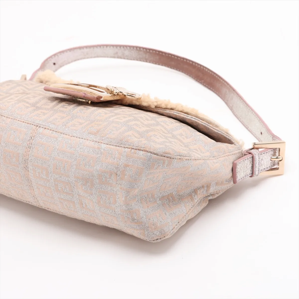 Zucchino Canvas x Leather x Fur Shoulder Bag, Beige, 8BR003 — view 3