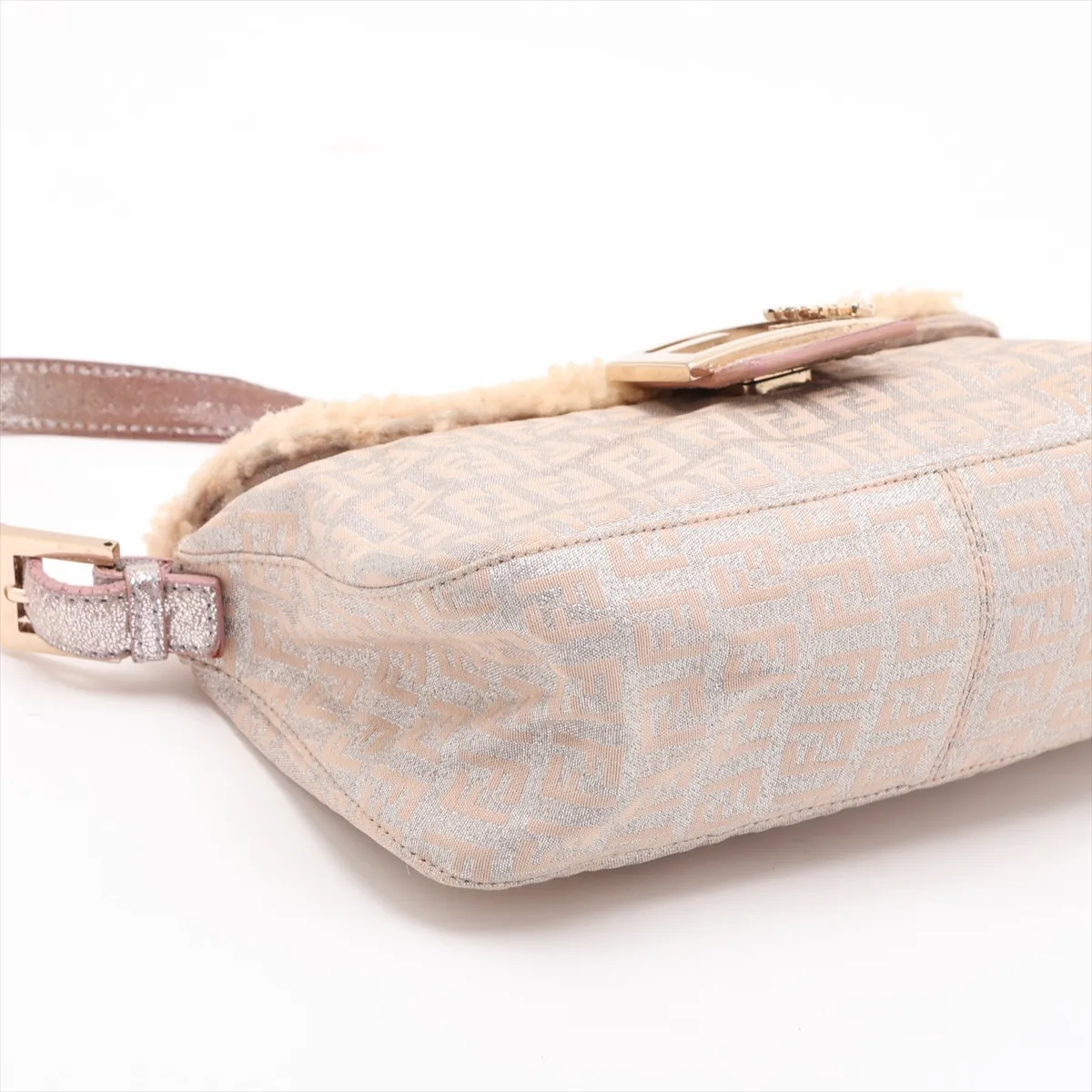 Zucchino Canvas x Leather x Fur Shoulder Bag, Beige, 8BR003 — view 4