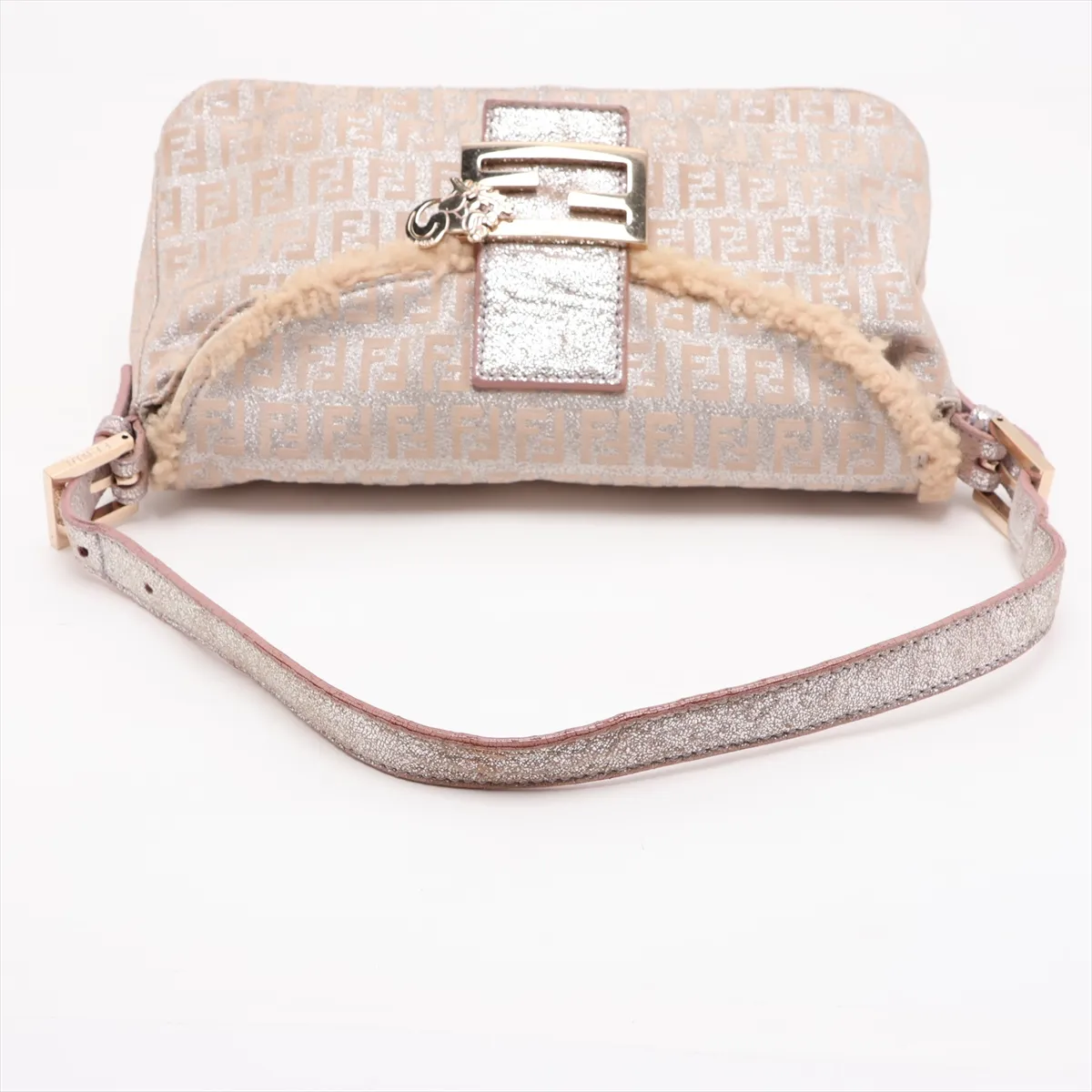 Zucchino Canvas x Leather x Fur Shoulder Bag, Beige, 8BR003 — view 5