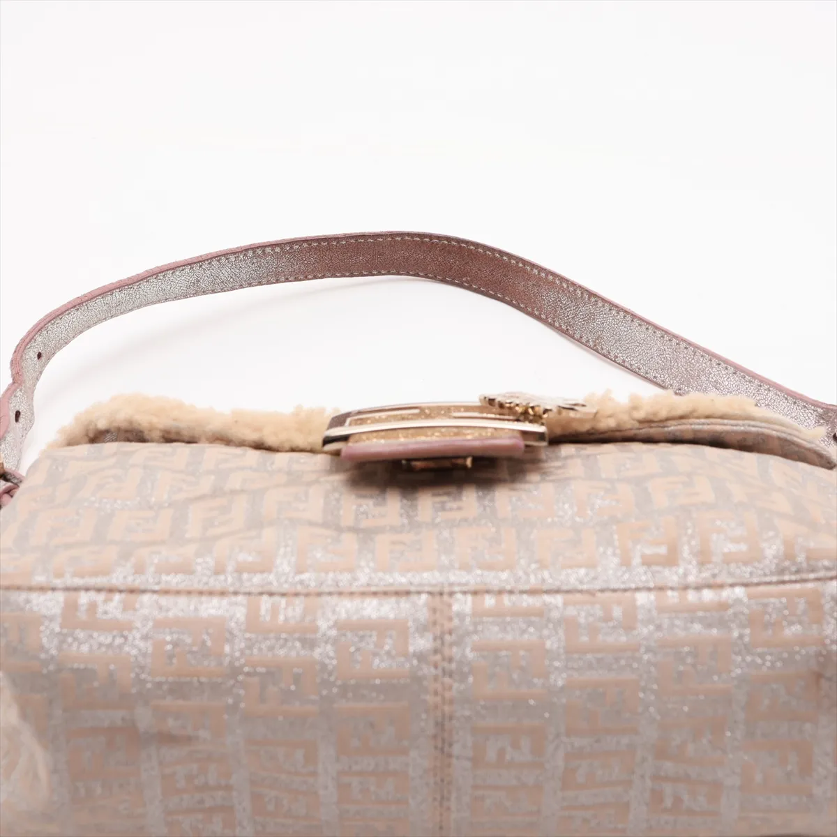 Zucchino Canvas x Leather x Fur Shoulder Bag, Beige, 8BR003 — view 6