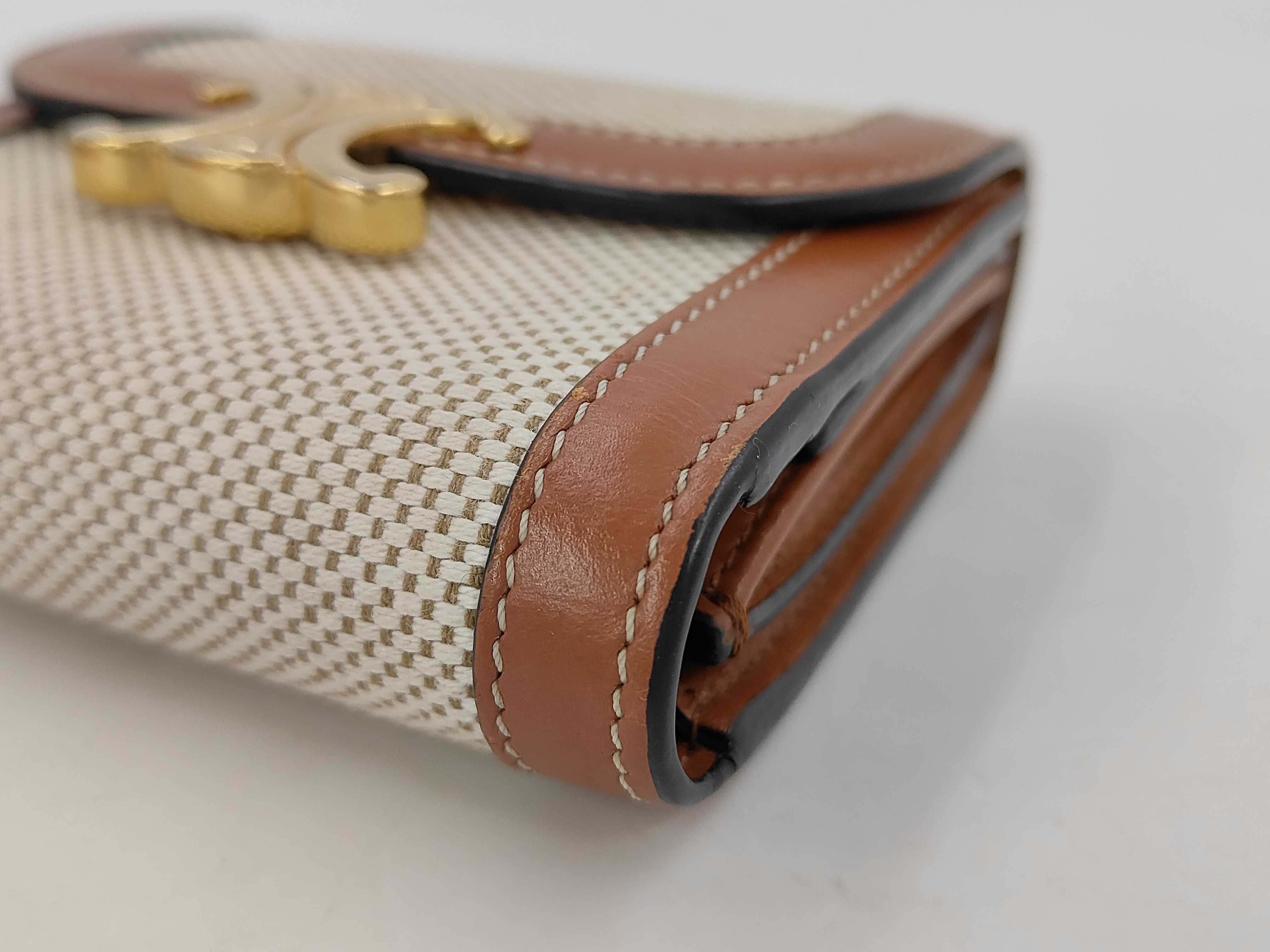 Triomphe Tri-fold Wallet, Canvas and Leather, Beige and Brown — view 3
