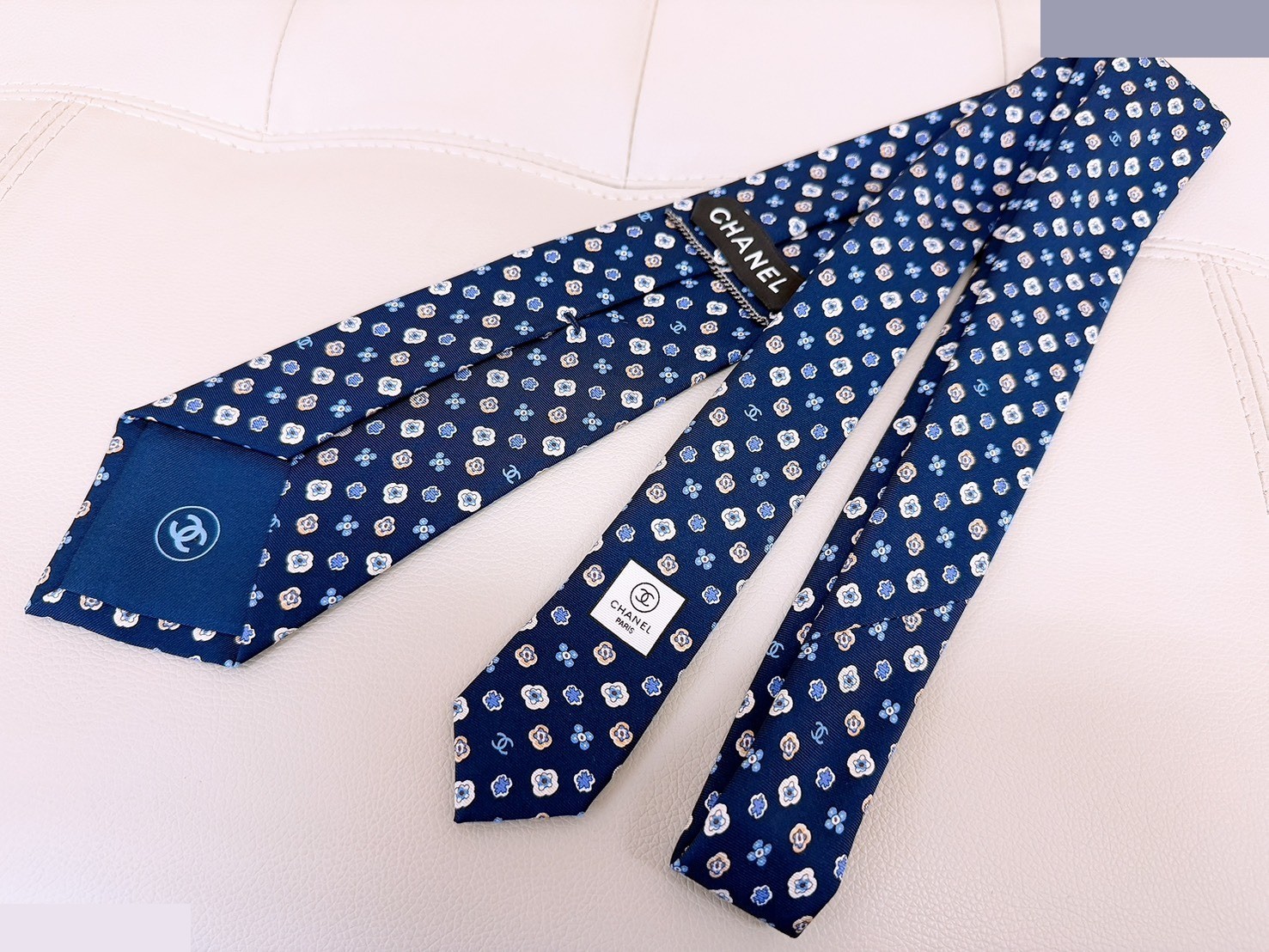 Coco Mark Camellia Flower Pattern Silk Tie, Navy — view 2