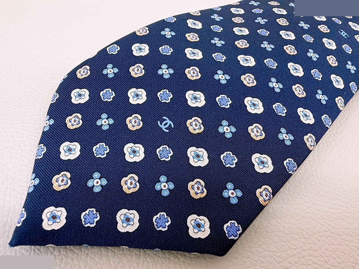Coco Mark Camellia Flower Pattern Silk Tie, Navy — view 3