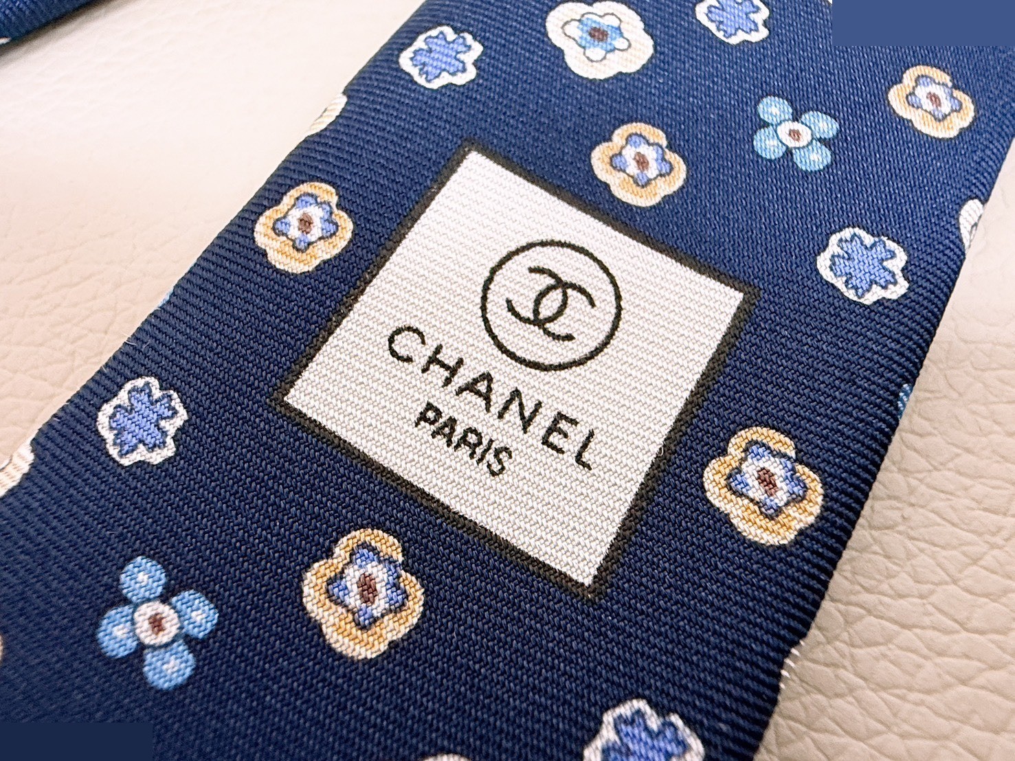 Coco Mark Camellia Flower Pattern Silk Tie, Navy — view 5