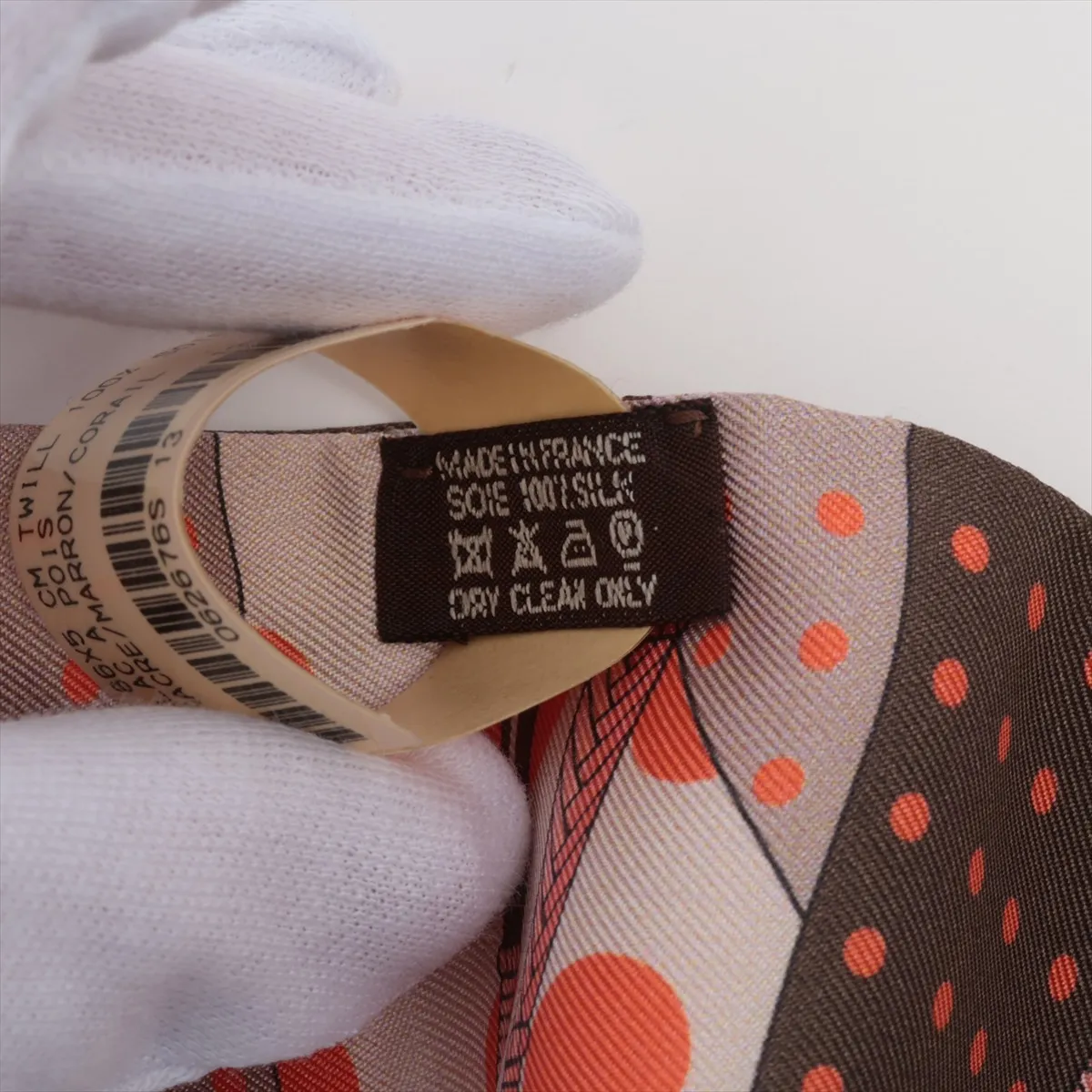Twilly Clic Clac a Pois (clic clac dot) scarf, silk, orange. Some wear, snags, — view 3