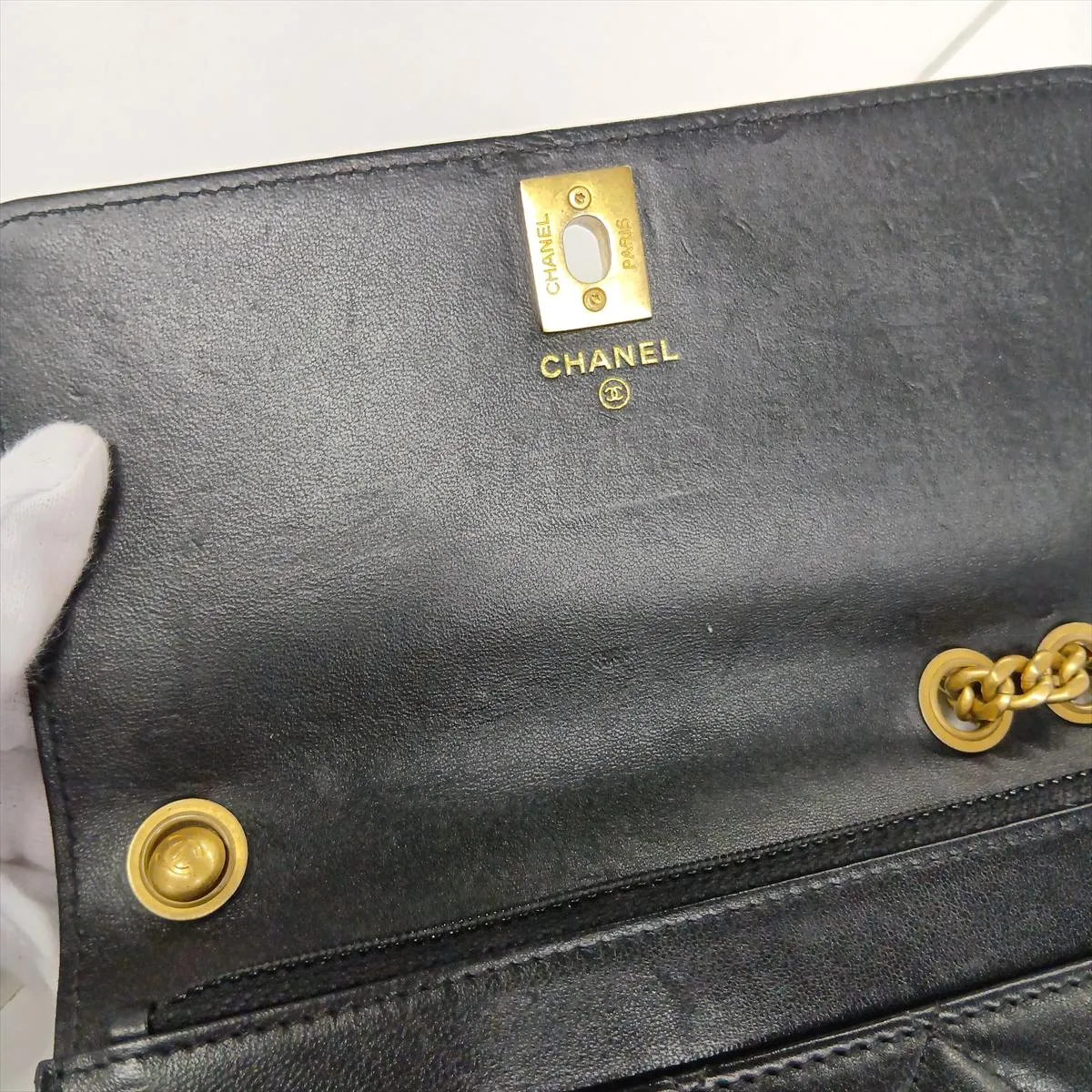 Matelassé Lambskin Chain Wallet, Black with Gold Hardware, H53NL31G, Random Plate — view 11