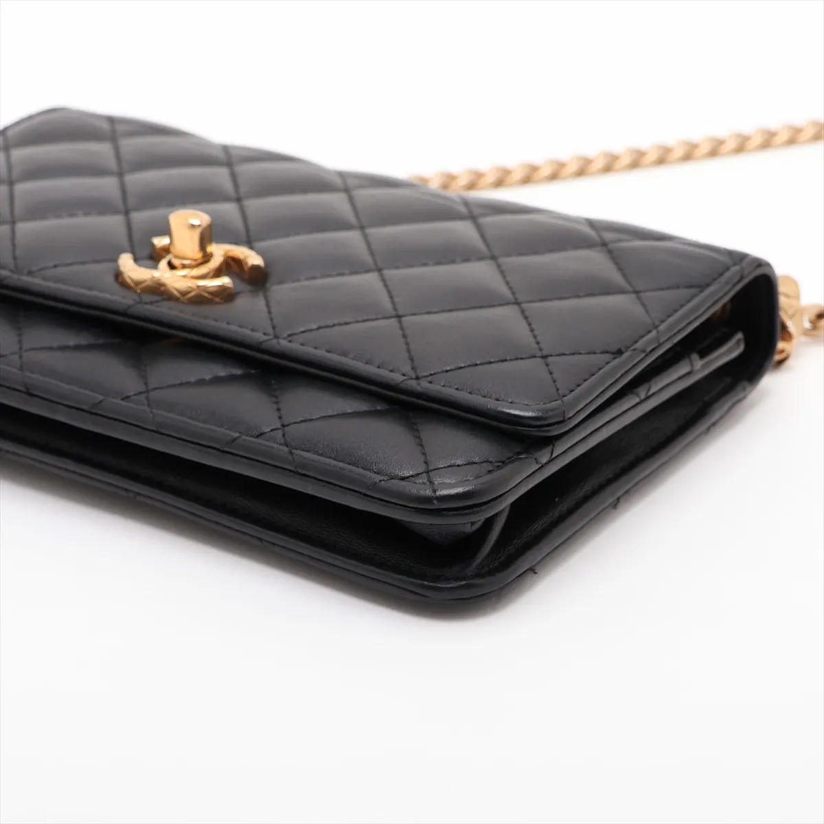 Matelassé Lambskin Chain Wallet, Black with Gold Hardware, H53NL31G, Random Plate — view 3