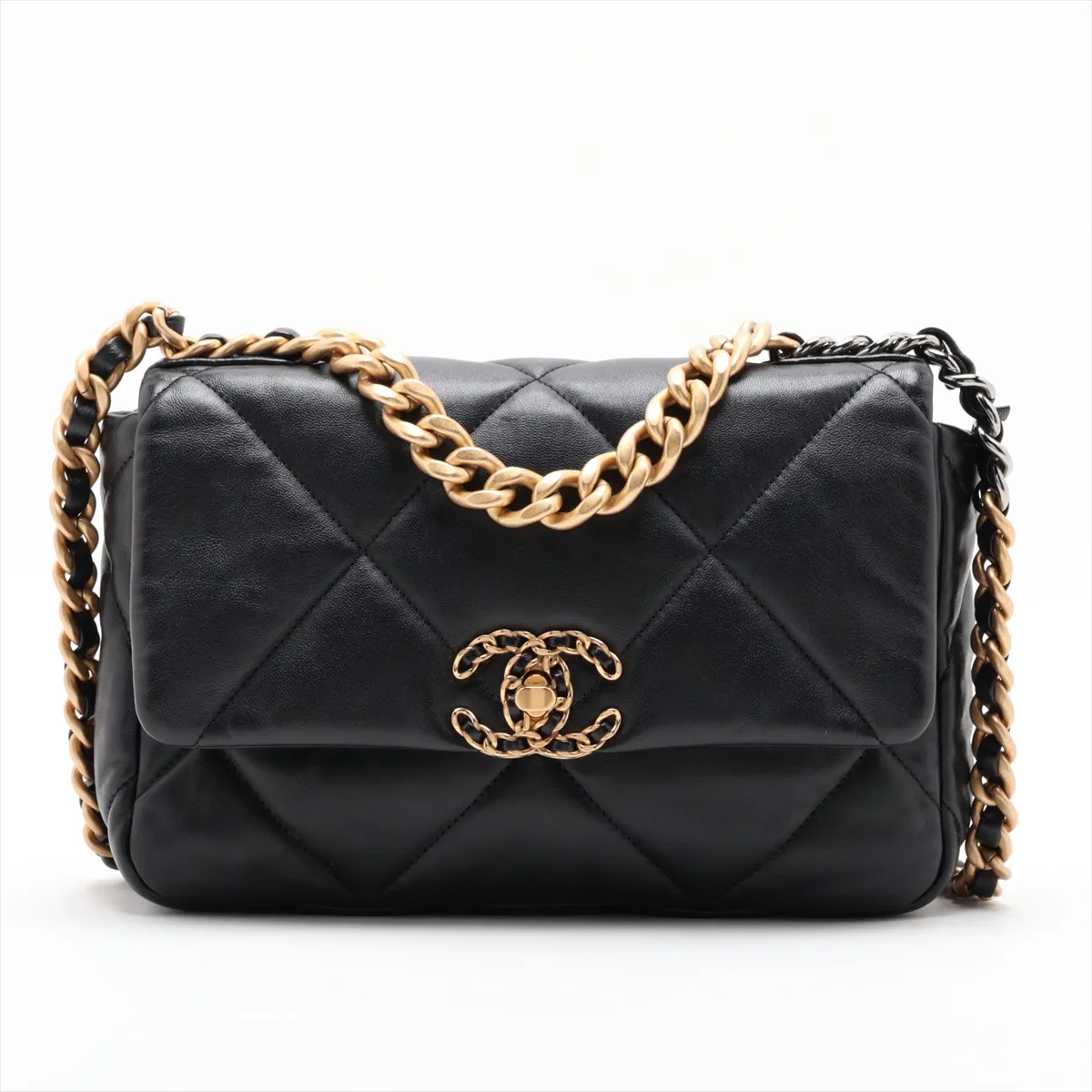 19 Lambskin Chain Shoulder Bag Black Gold x Silver Hardware E0H9XTPJ Random Plate AS1160
