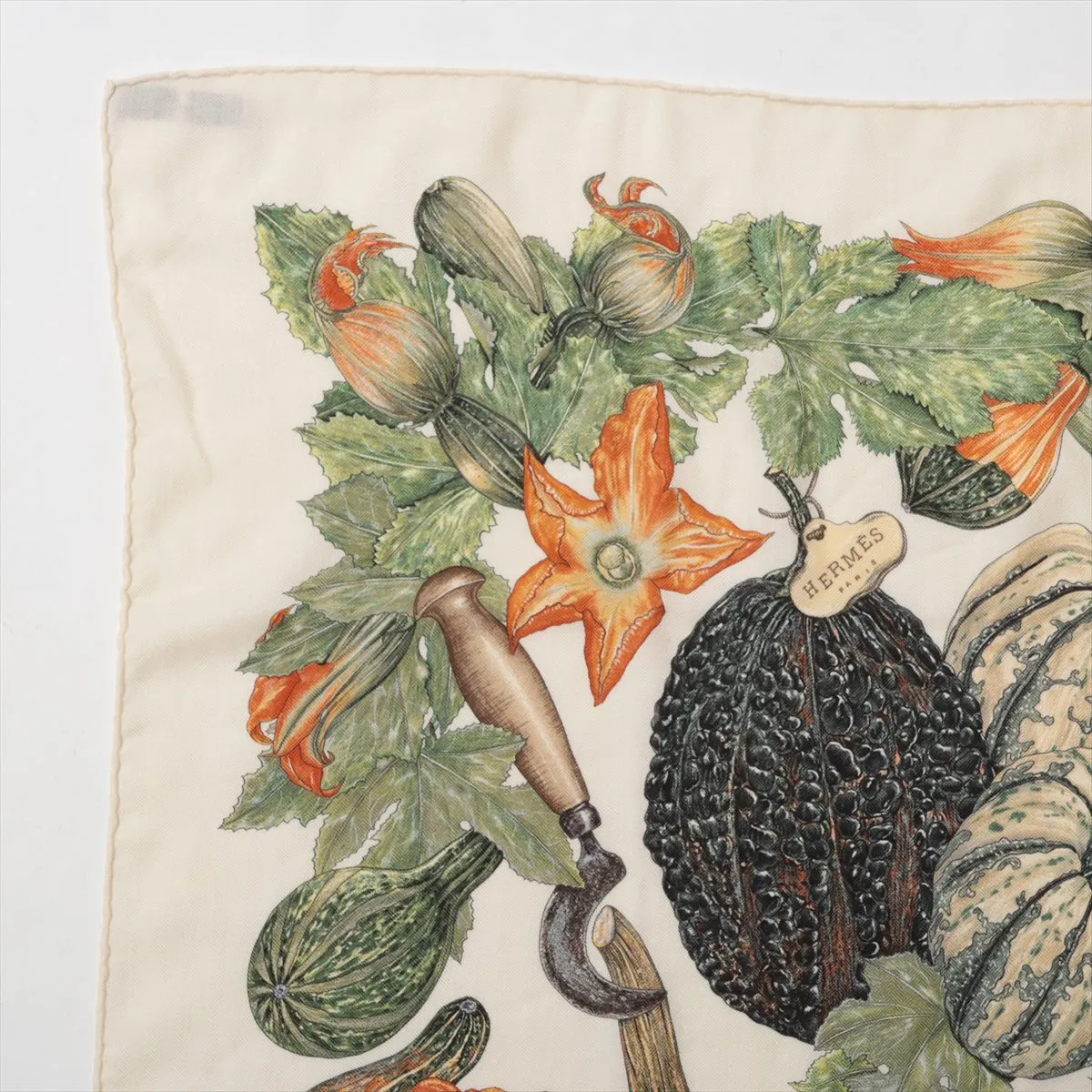 Carre 90 CITROUILLES & COLOQU INTES Pumpkin and Colocint Scarf, Cashmere x Silk, Beige. Shows wear, — view 2