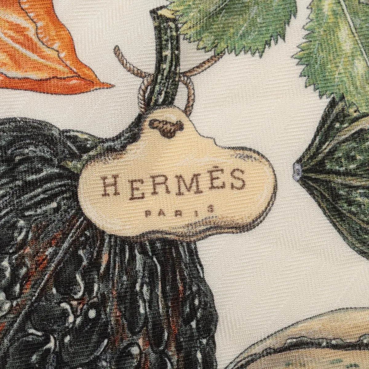 Carre 90 CITROUILLES & COLOQU INTES Pumpkin and Colocint Scarf, Cashmere x Silk, Beige. Shows wear, — view 6