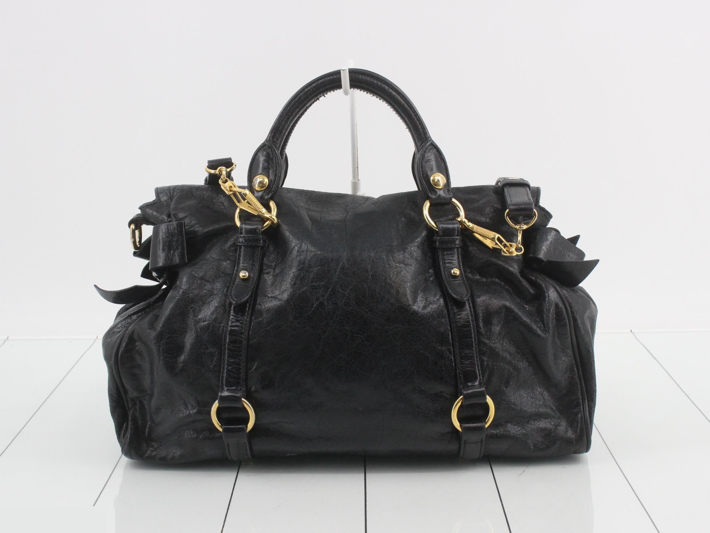 Vitello Shine 2-Way Handbag with Ribbon, Black — view 2