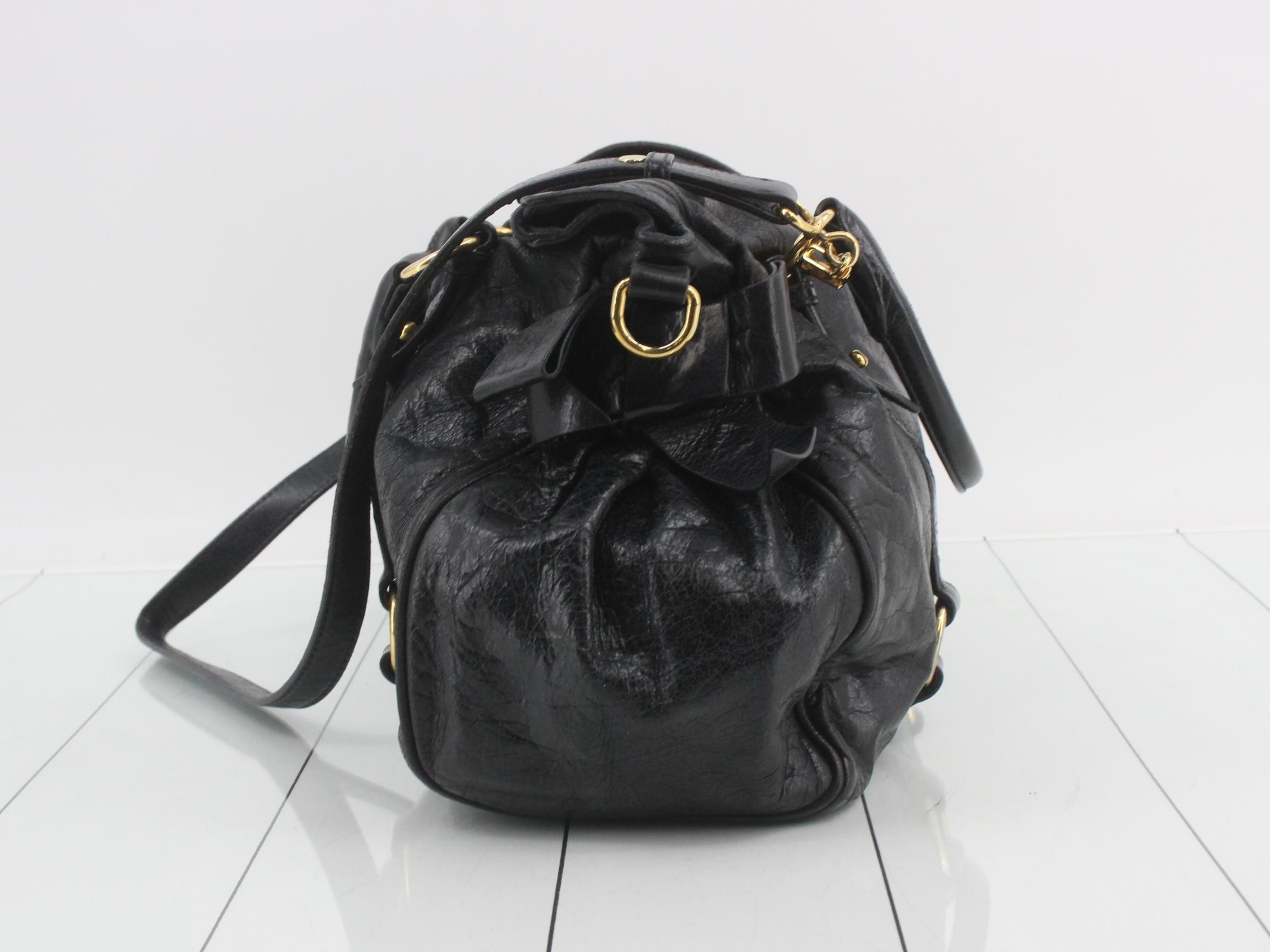 Vitello Shine 2-Way Handbag with Ribbon, Black — view 3