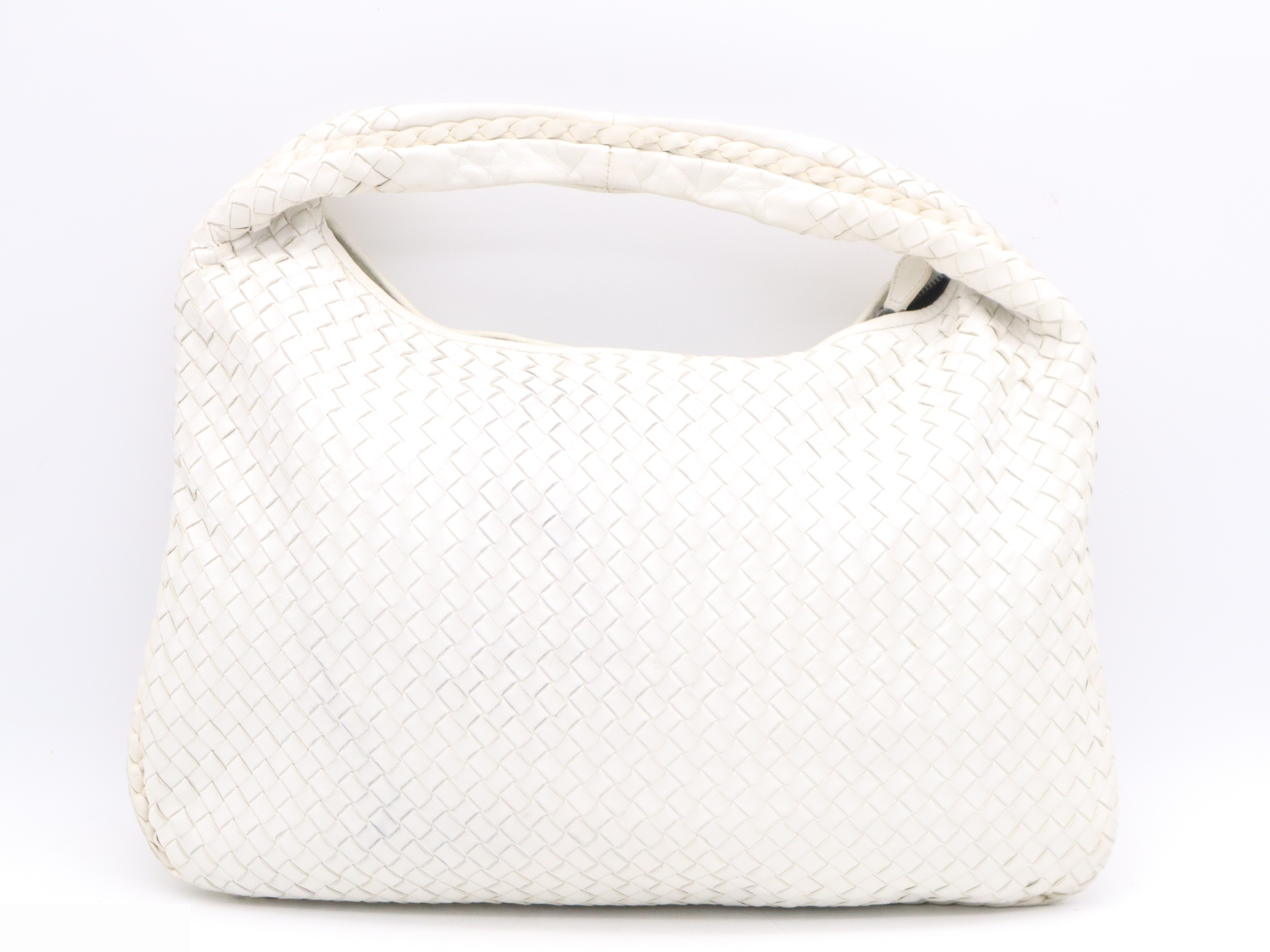 Leather Intrecciato Hobo Bag, White — view 2