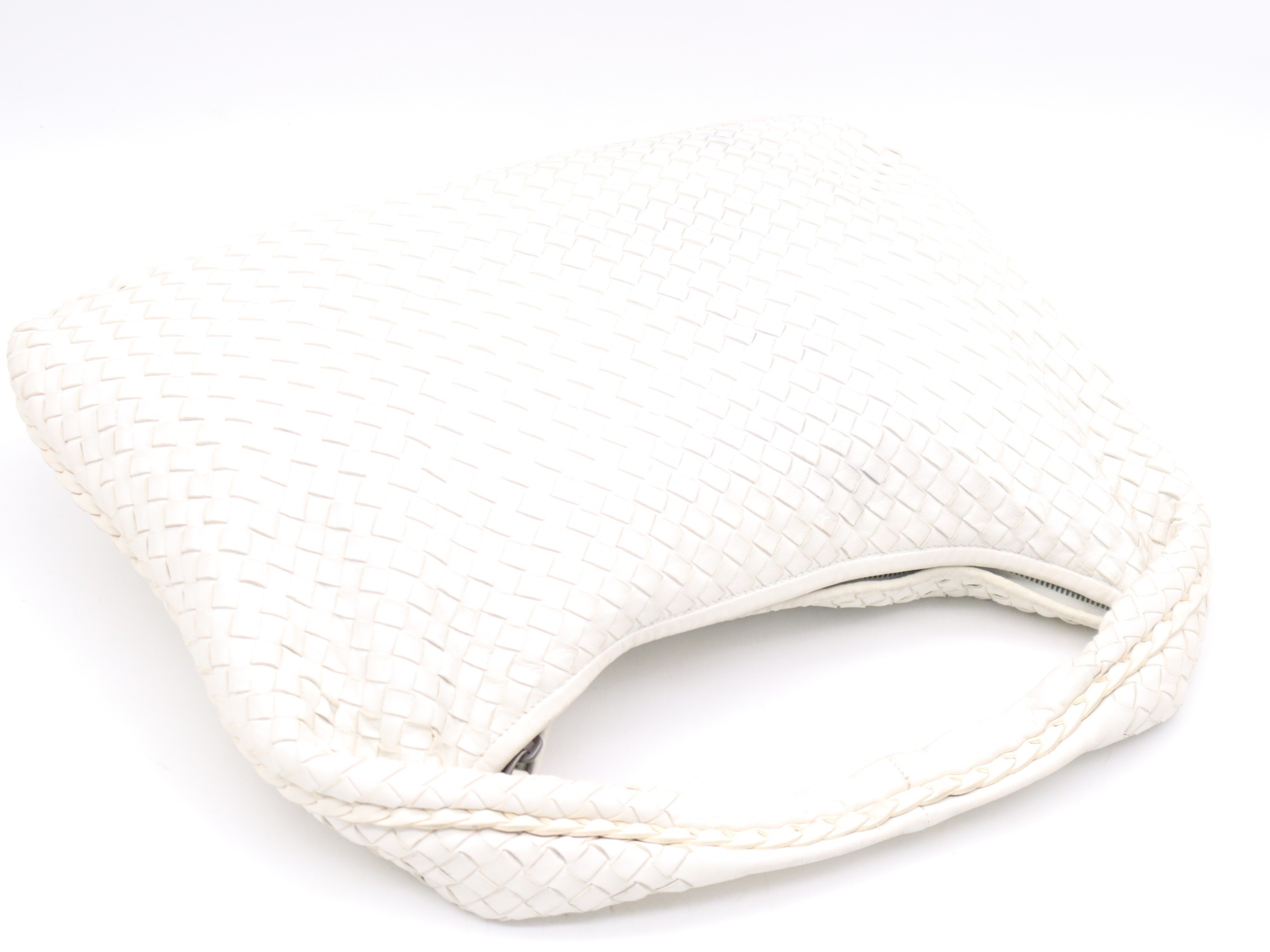 Leather Intrecciato Hobo Bag, White — view 6
