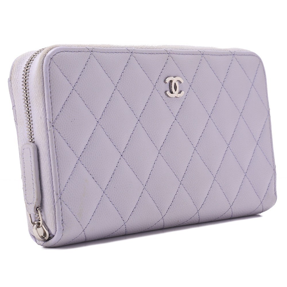 Caviar leather matelassé round long wallet, purple — view 3