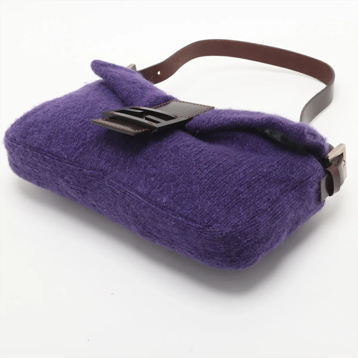 Mamma Bucket Knit x Leather Shoulder Bag, Purple — view 3