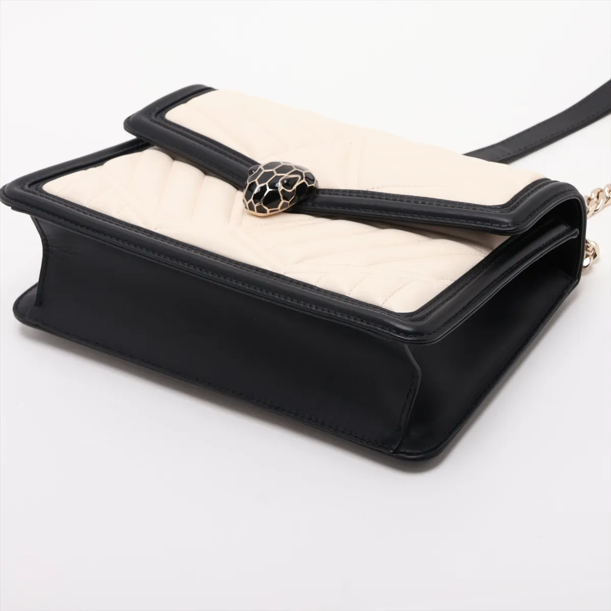 Serpenti Leather Chain Shoulder Bag, White x Black — view 3