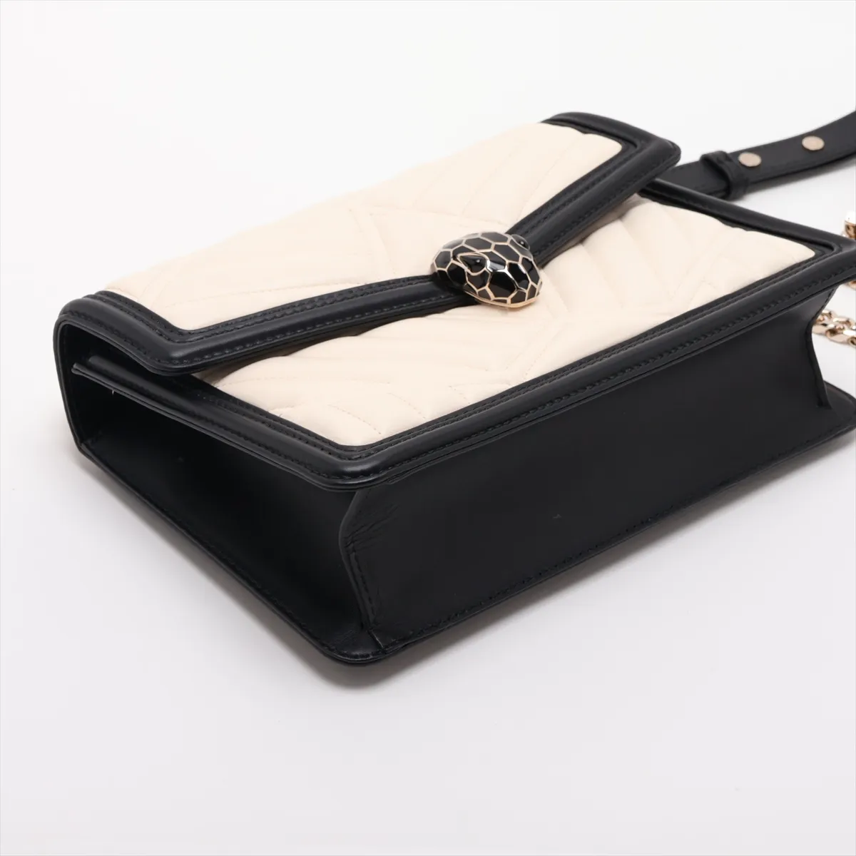 Serpenti Leather Chain Shoulder Bag, White x Black — view 4