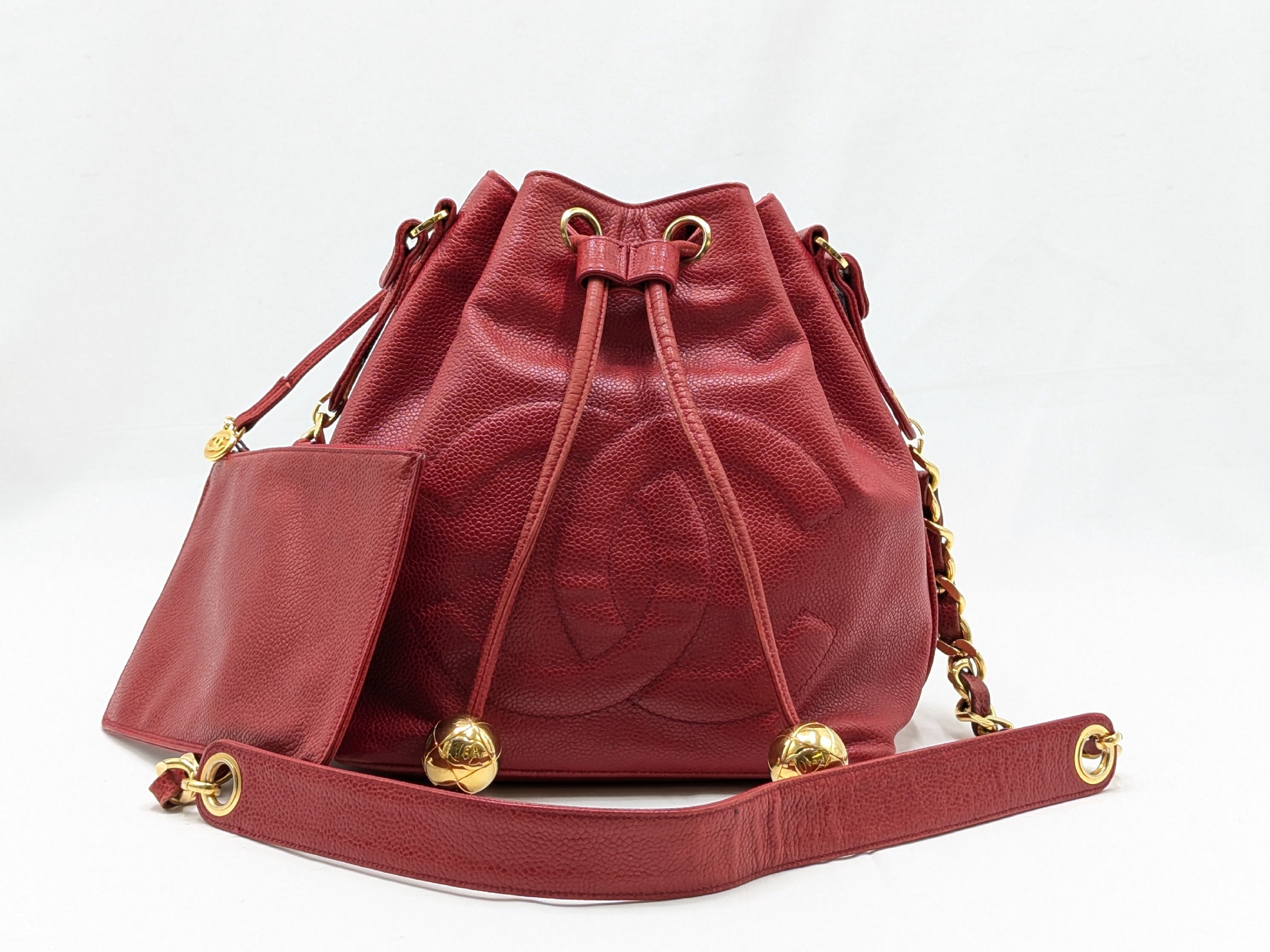 Caviar Skin Red Drawstring Chain Shoulder Bag with Pouch