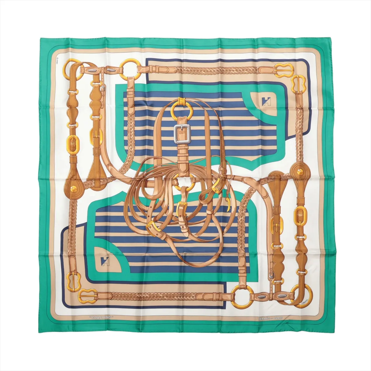 Carre 90 COACHING Scarf Silk Green Thread Fuzz Thread Wrinkle