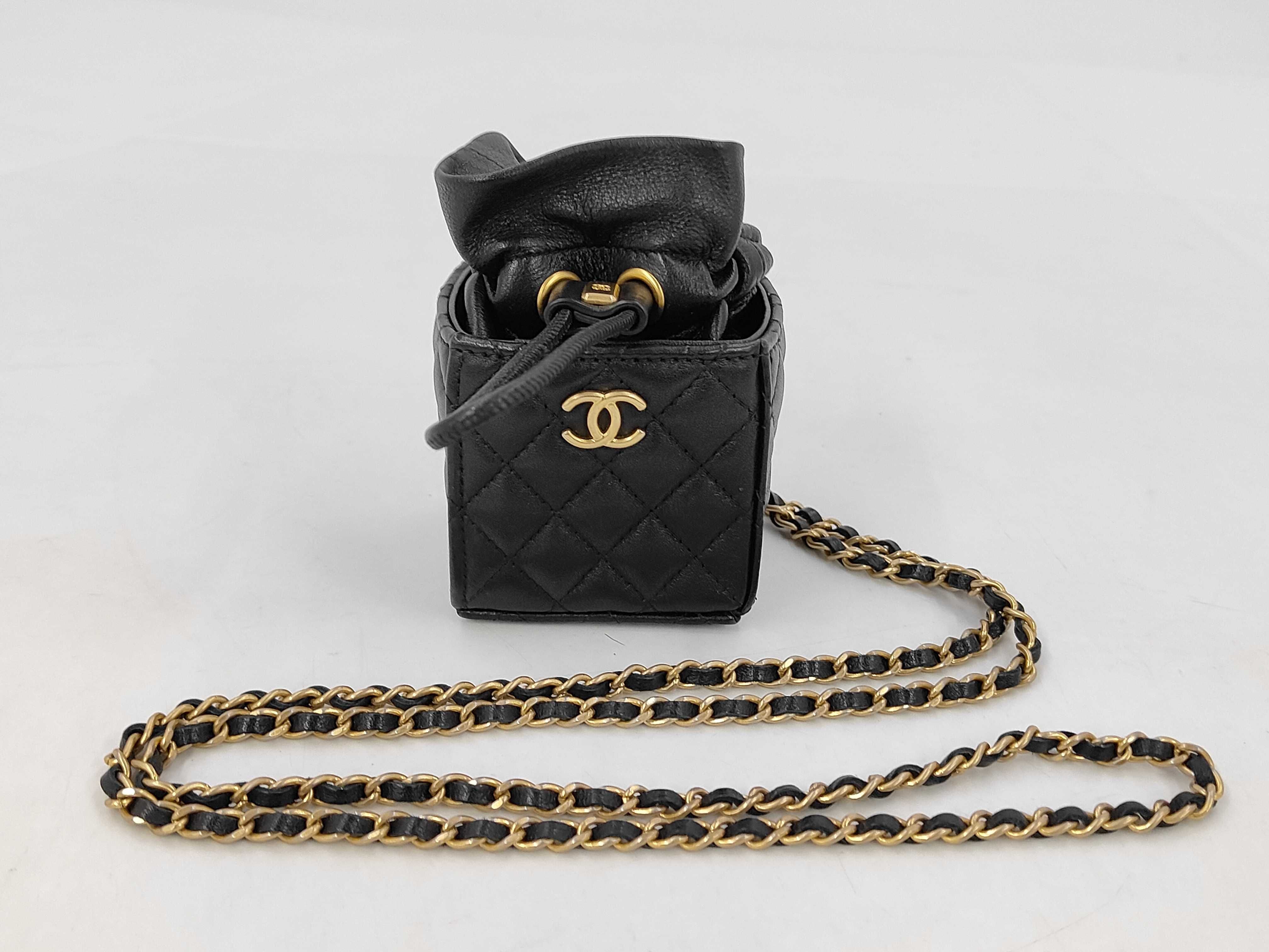 Lambskin Drawstring Mini Shoulder Bag, Matelassé, Black Shoulder Bag