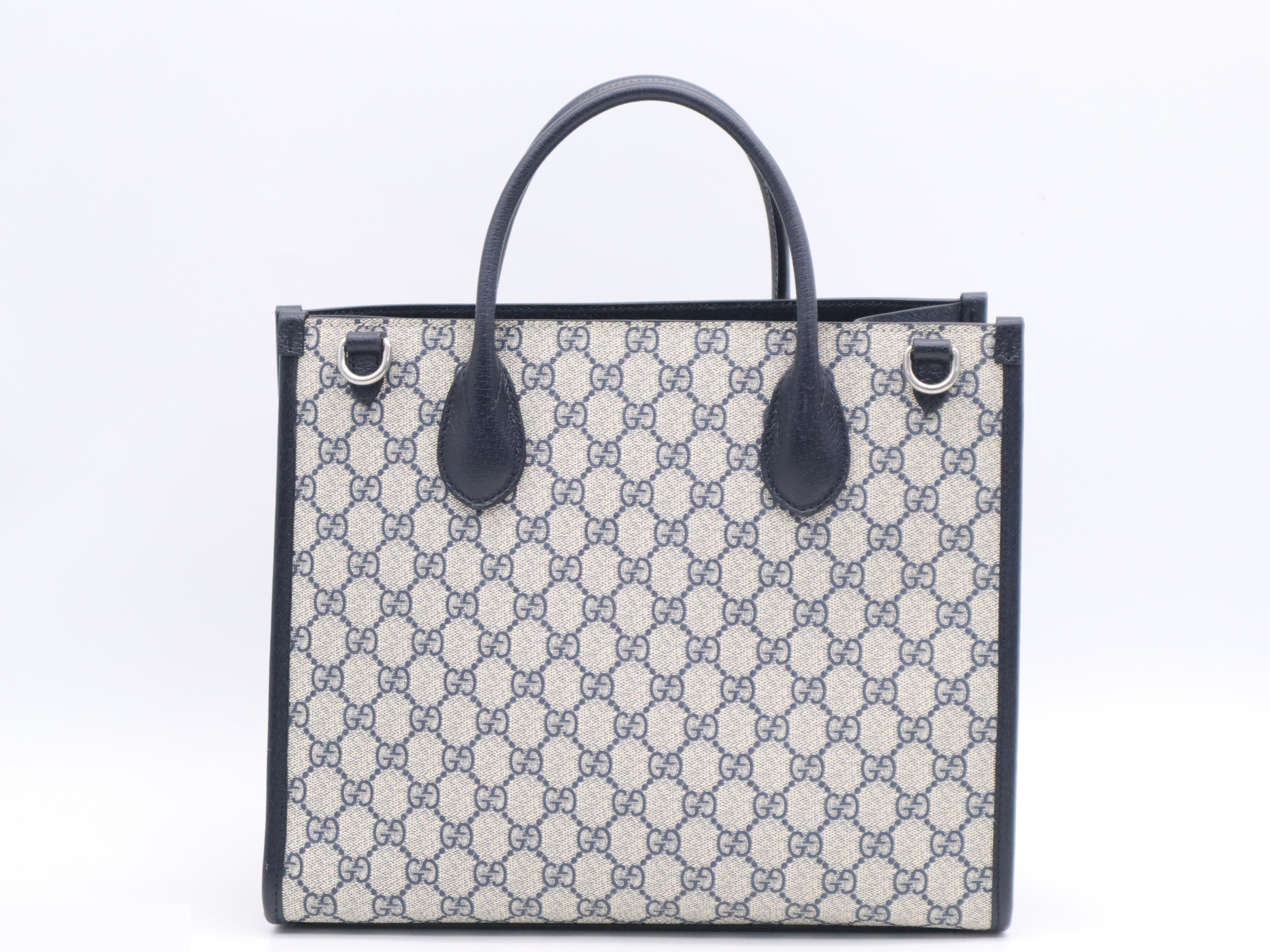Canvas x Leather GG Supreme 2-Way Tote Bag, Small, Navy — view 2
