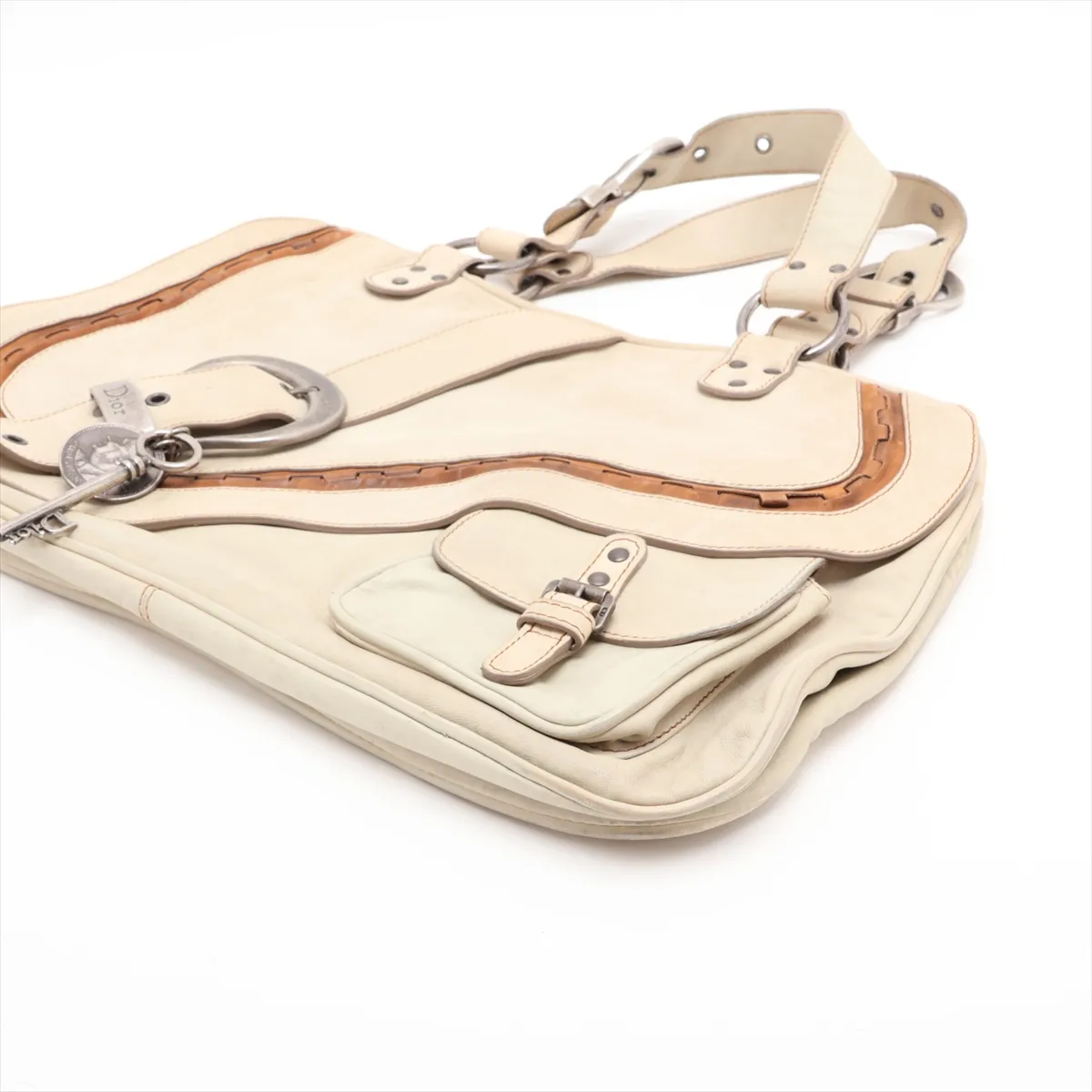 Gaucho Leather Handbag, Beige, with missing studs. — view 3