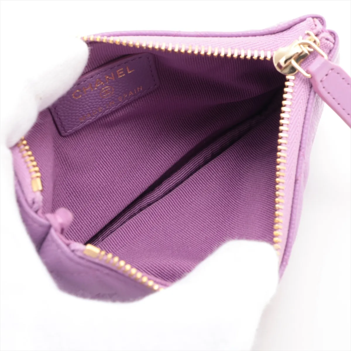 Matelassé Caviar Skin Coin Case, Purple with Gold Hardware, 32058556 — view 3
