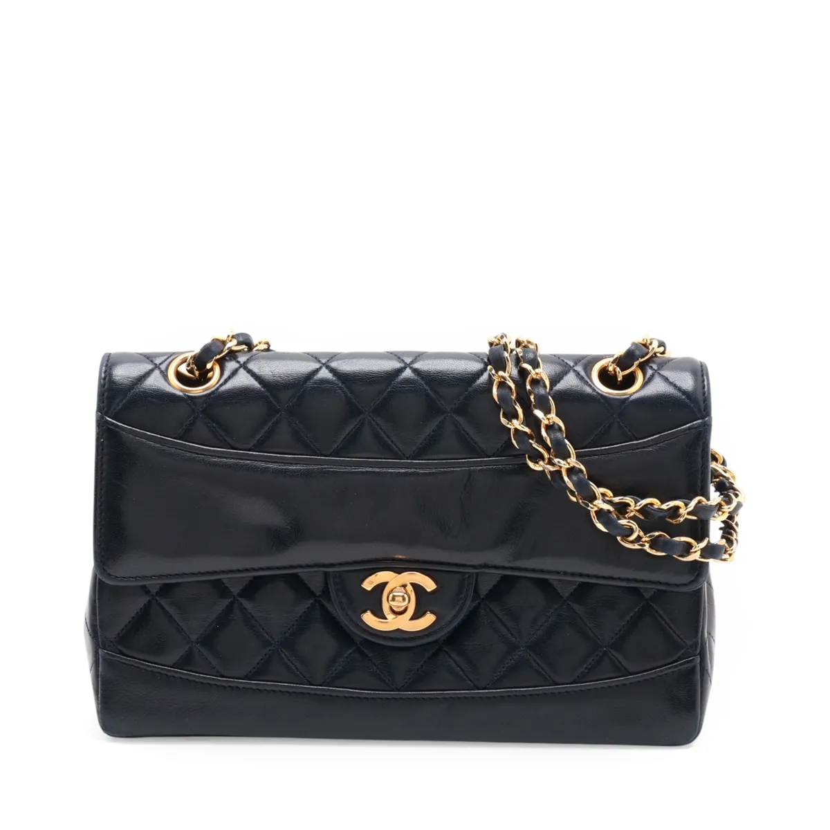 Matelassé Lambskin Single Flap Double Chain Bag, Navy with Gold Hardware