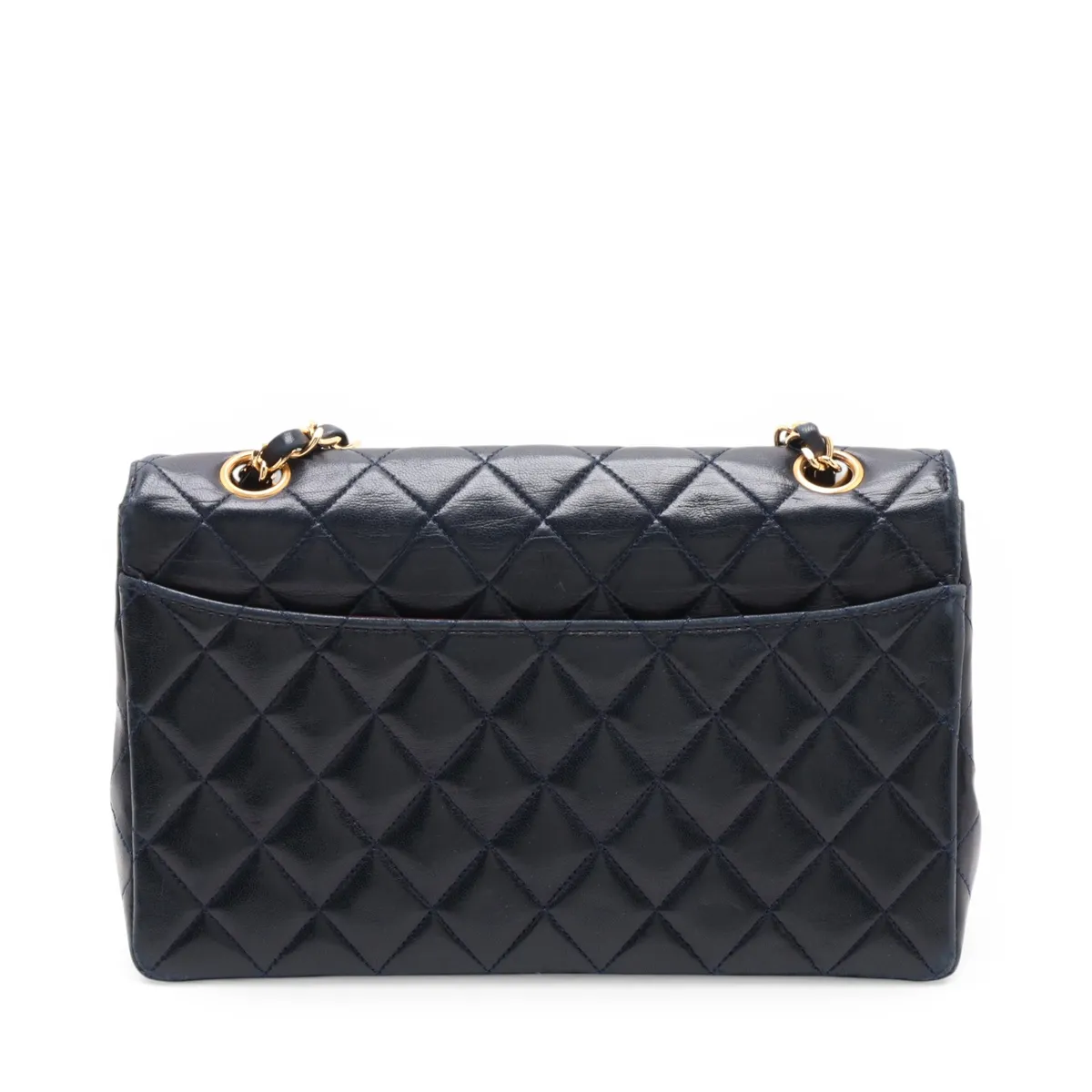 Matelassé Lambskin Single Flap Double Chain Bag, Navy with Gold Hardware — view 2