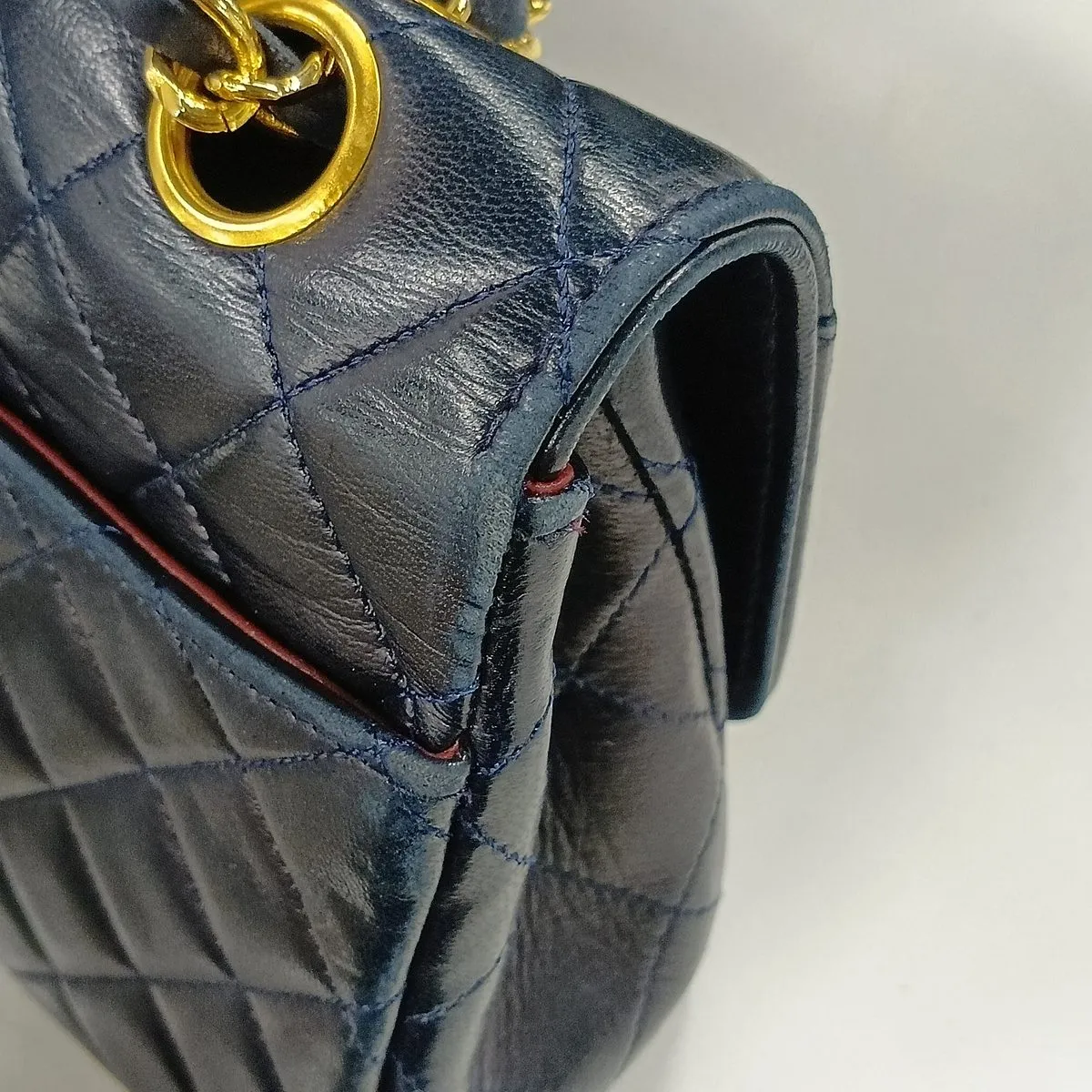 Matelassé Lambskin Single Flap Double Chain Bag, Navy with Gold Hardware — view 12